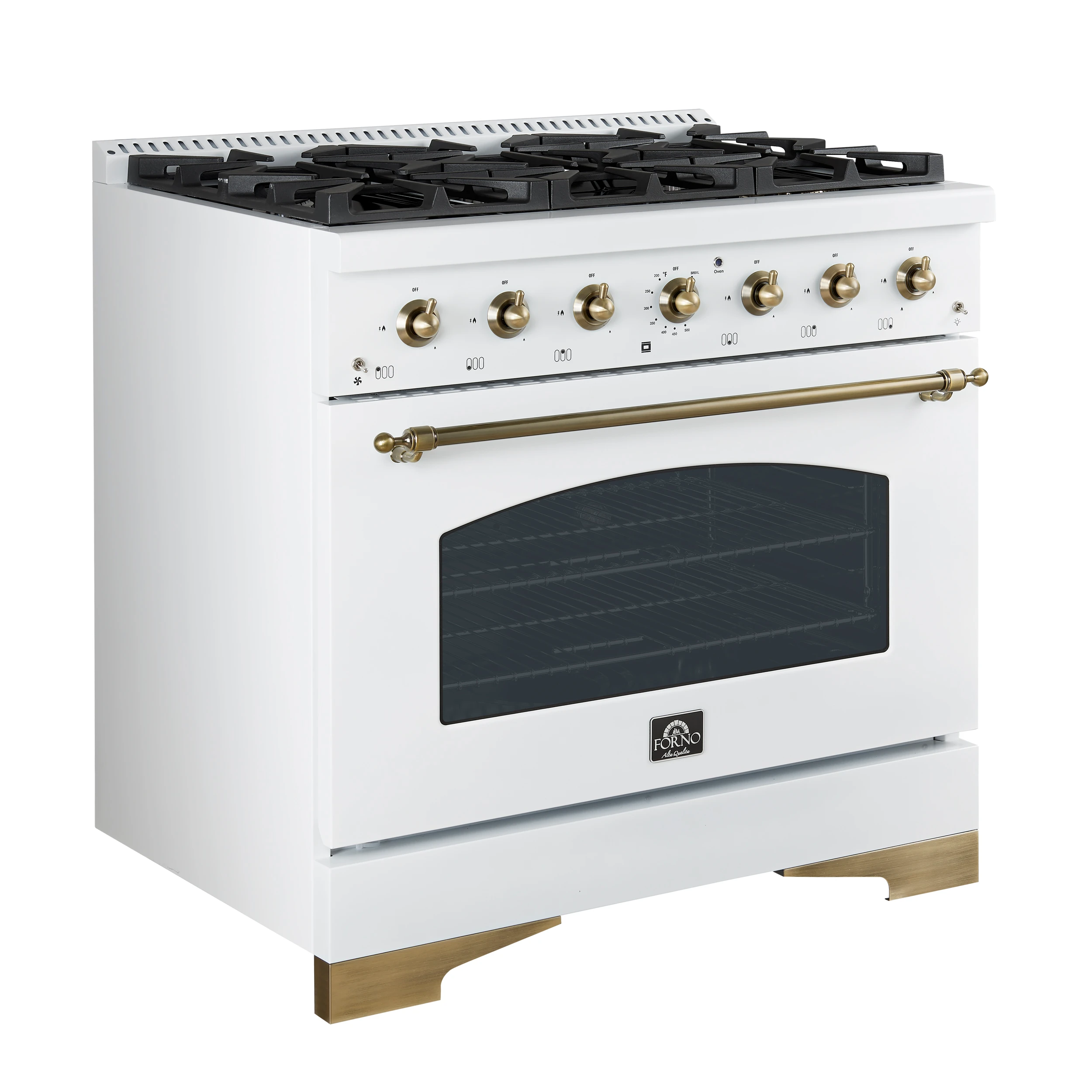 Antico 36-inch Dual Fuel Range White and Antique Brass Design with 6 Sealed Gas Burners and Electric Convection Oven FFSGS611336WHT