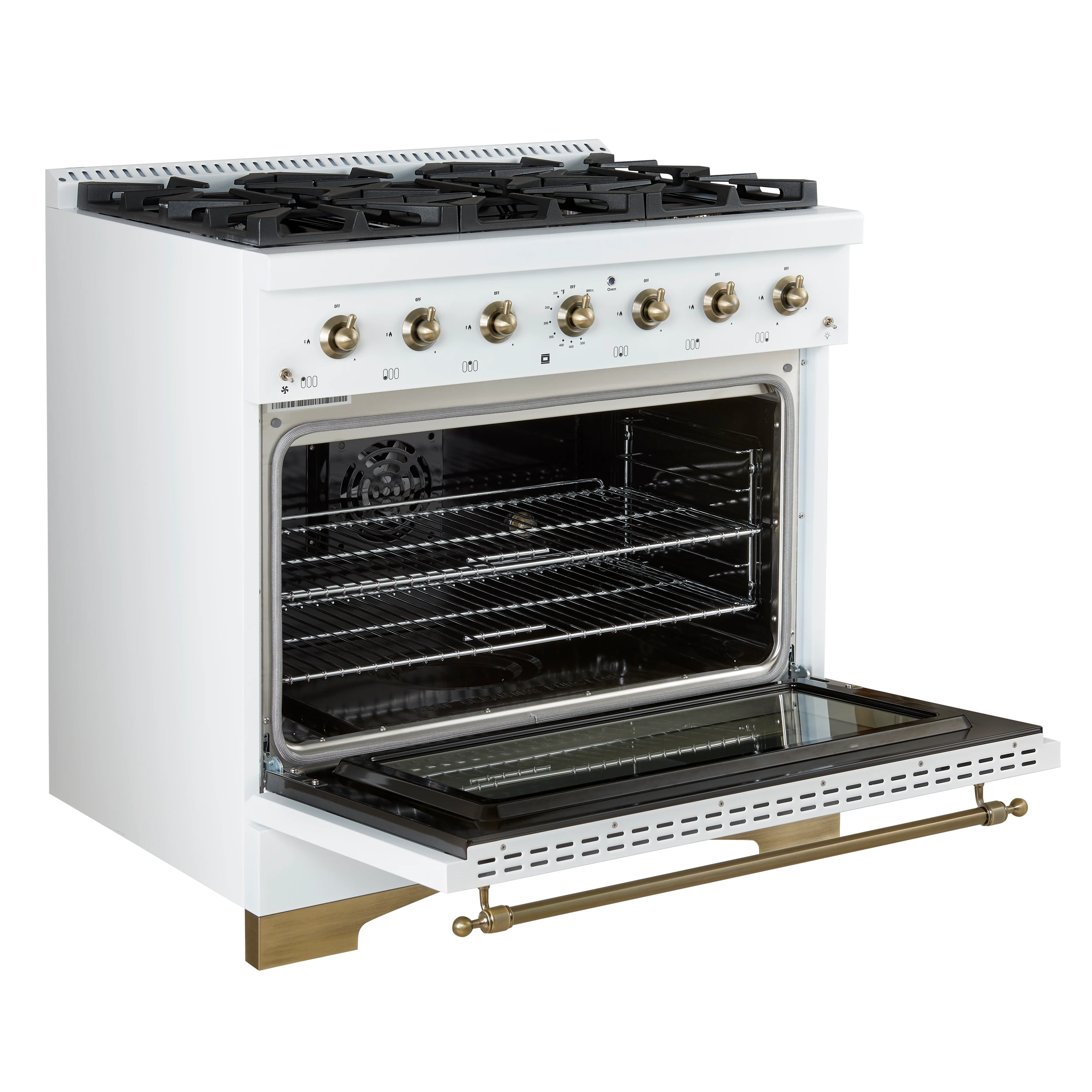 Antico 36-inch Dual Fuel Range White and Antique Brass Design with 6 Sealed Gas Burners and Electric Convection Oven FFSGS611336WHT