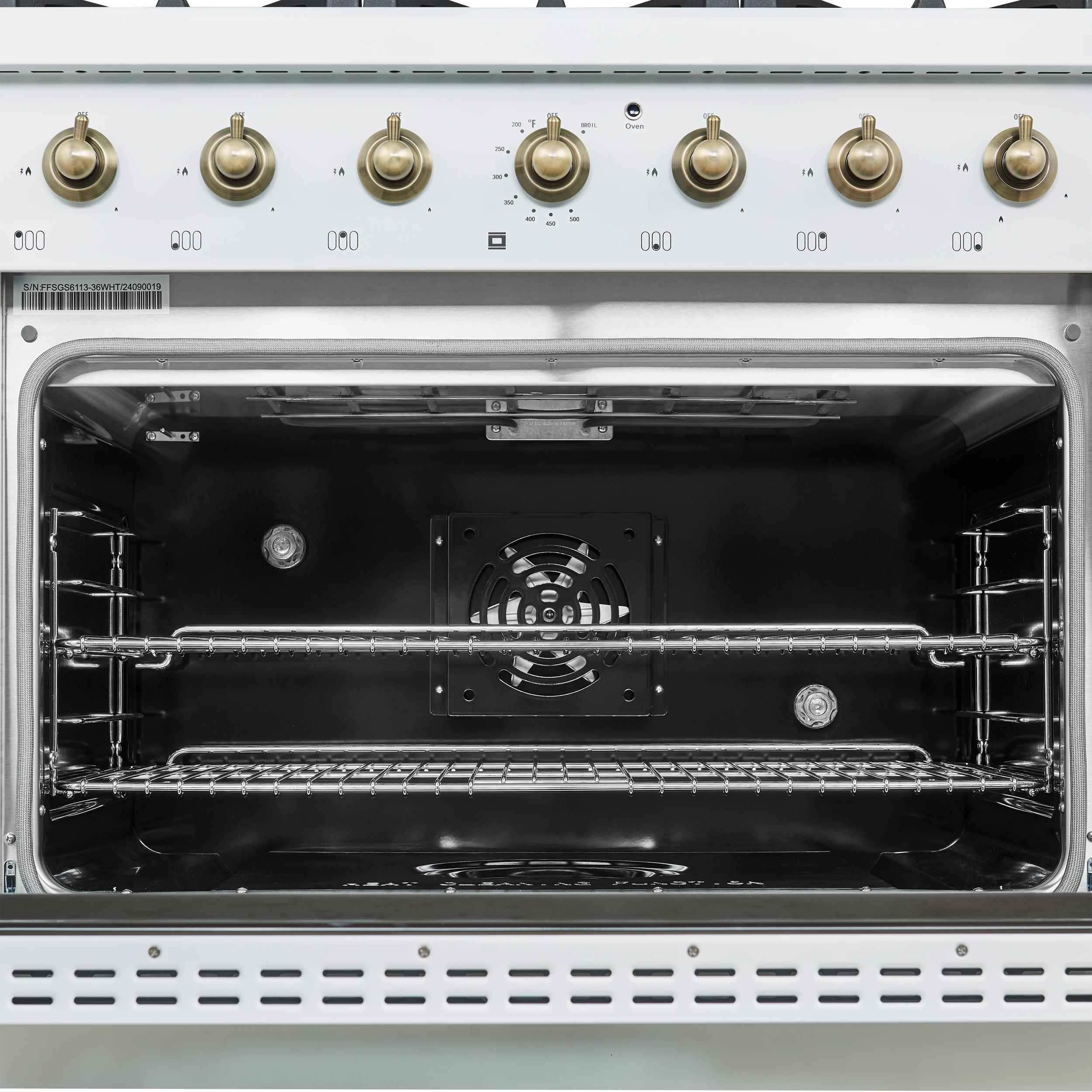 Antico 36-inch Dual Fuel Range White and Antique Brass Design with 6 Sealed Gas Burners and Electric Convection Oven FFSGS611336WHT