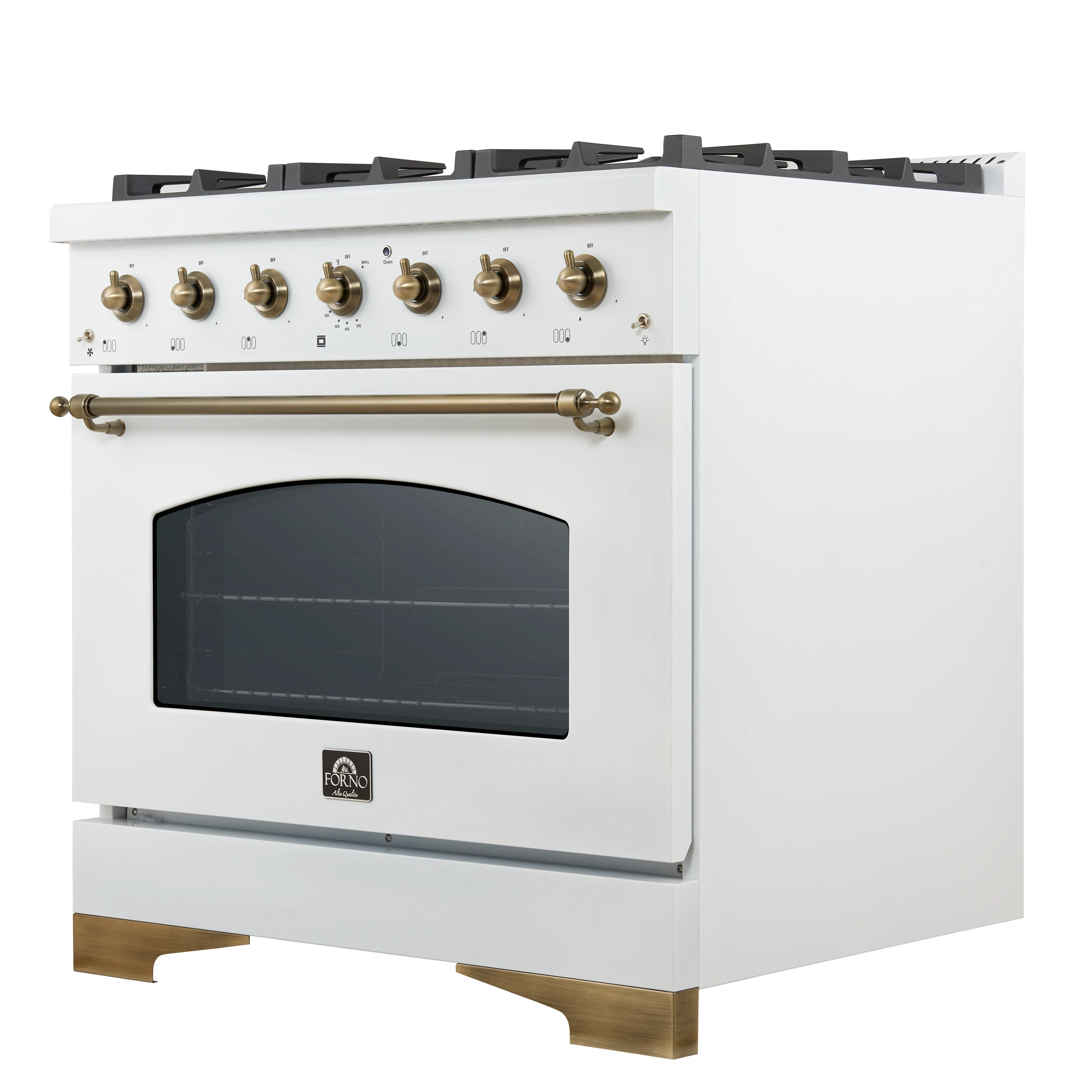 Antico 36-inch Dual Fuel Range White and Antique Brass Design with 6 Sealed Gas Burners and Electric Convection Oven FFSGS611336WHT