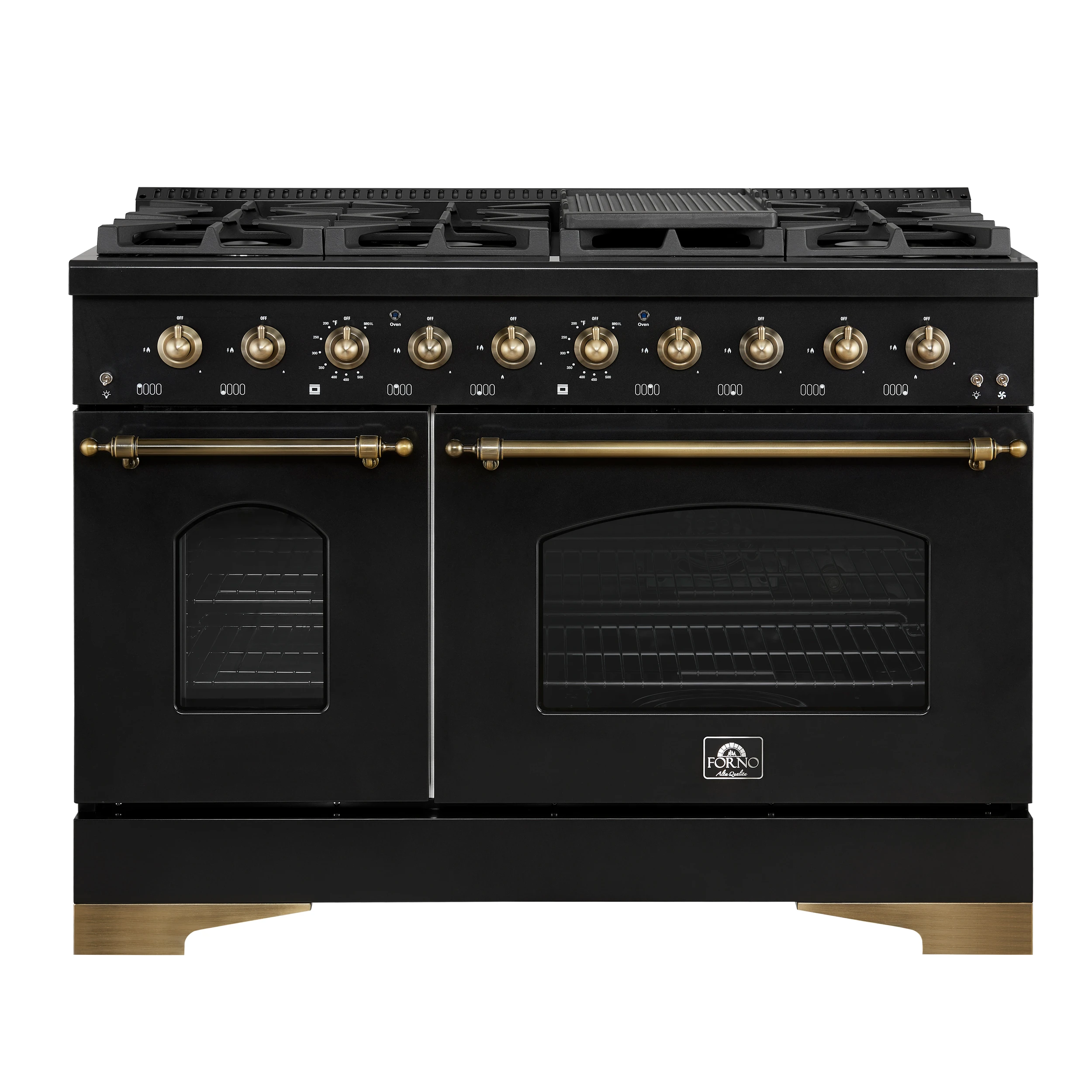 Antico 48-Inch Dual Fuel Range, Black with Antique Brass Finish, 8 Burners, 94,000 BTU, 5.5 cu.ft. Double Ovens & Griddle FFSGS611348BLK