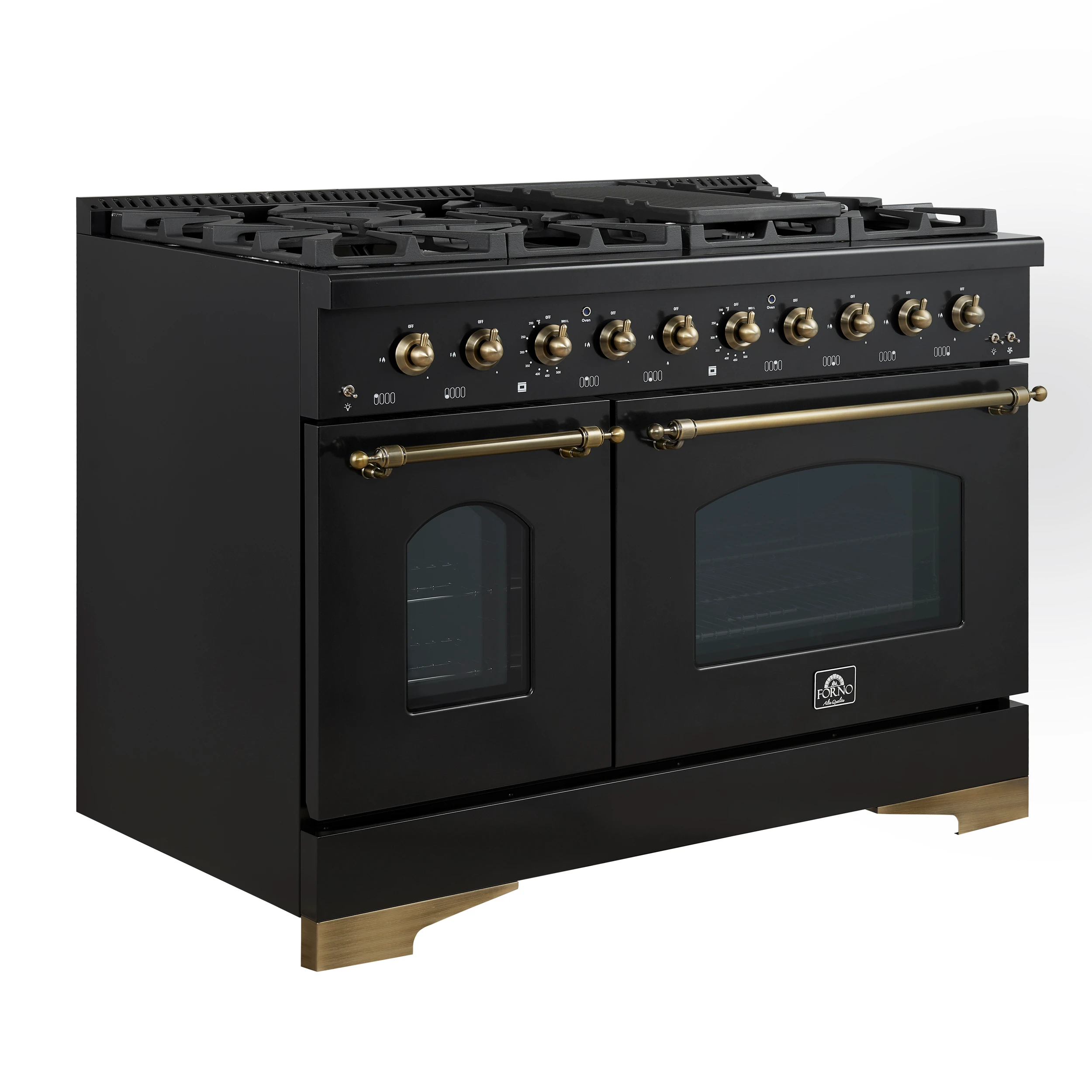 Antico 48-Inch Dual Fuel Range, Black with Antique Brass Finish, 8 Burners, 94,000 BTU, 5.5 cu.ft. Double Ovens & Griddle FFSGS611348BLK