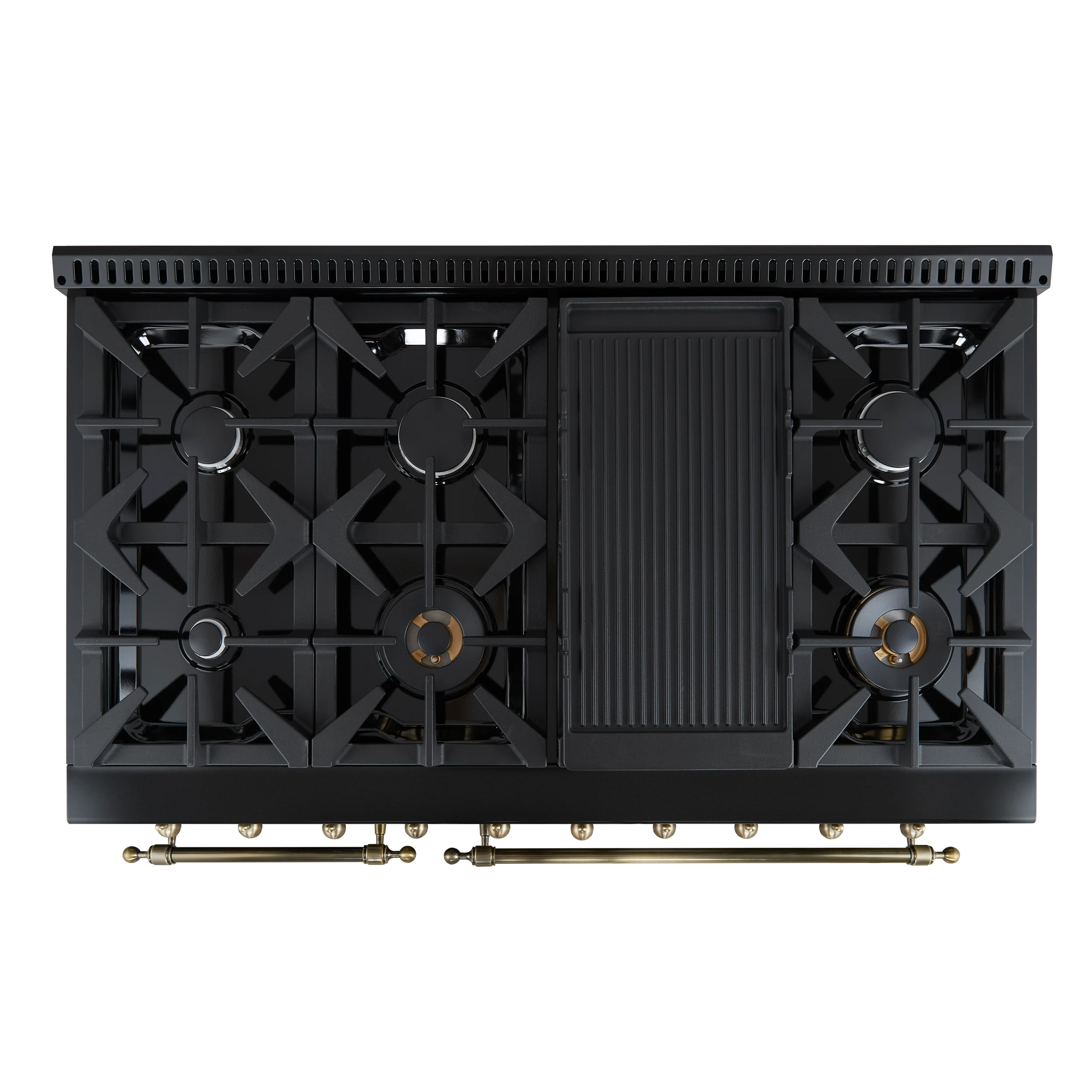 Antico 48-Inch Dual Fuel Range, Black with Antique Brass Finish, 8 Burners, 94,000 BTU, 5.5 cu.ft. Double Ovens & Griddle FFSGS611348BLK