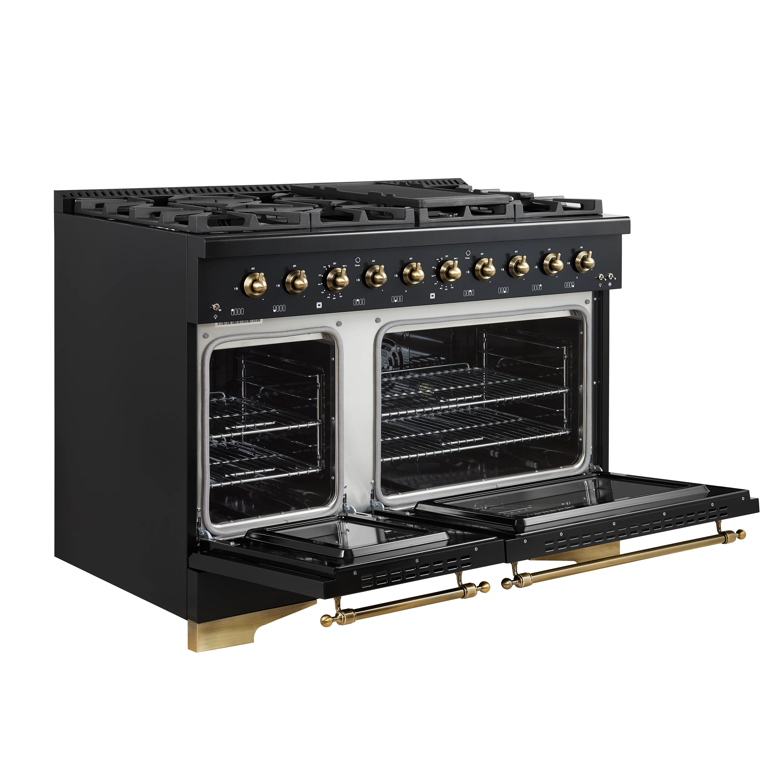 Antico 48-Inch Dual Fuel Range, Black with Antique Brass Finish, 8 Burners, 94,000 BTU, 5.5 cu.ft. Double Ovens & Griddle FFSGS611348BLK