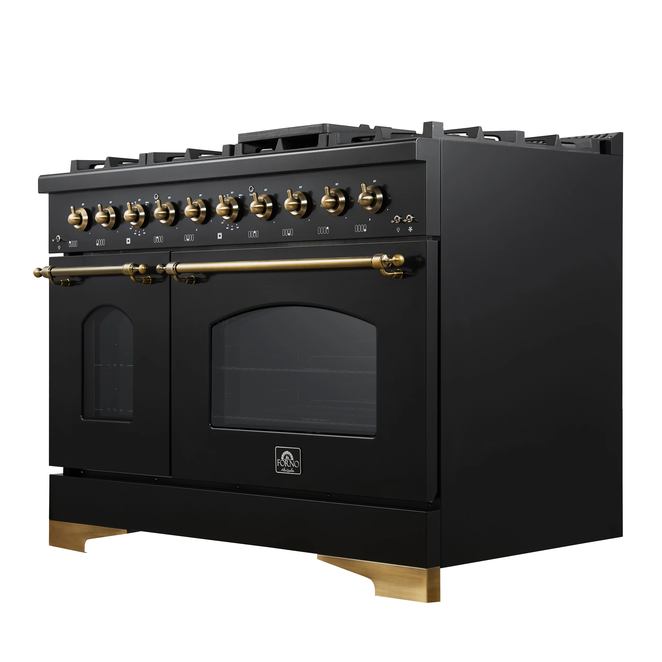 Antico 48-Inch Dual Fuel Range, Black with Antique Brass Finish, 8 Burners, 94,000 BTU, 5.5 cu.ft. Double Ovens & Griddle FFSGS611348BLK