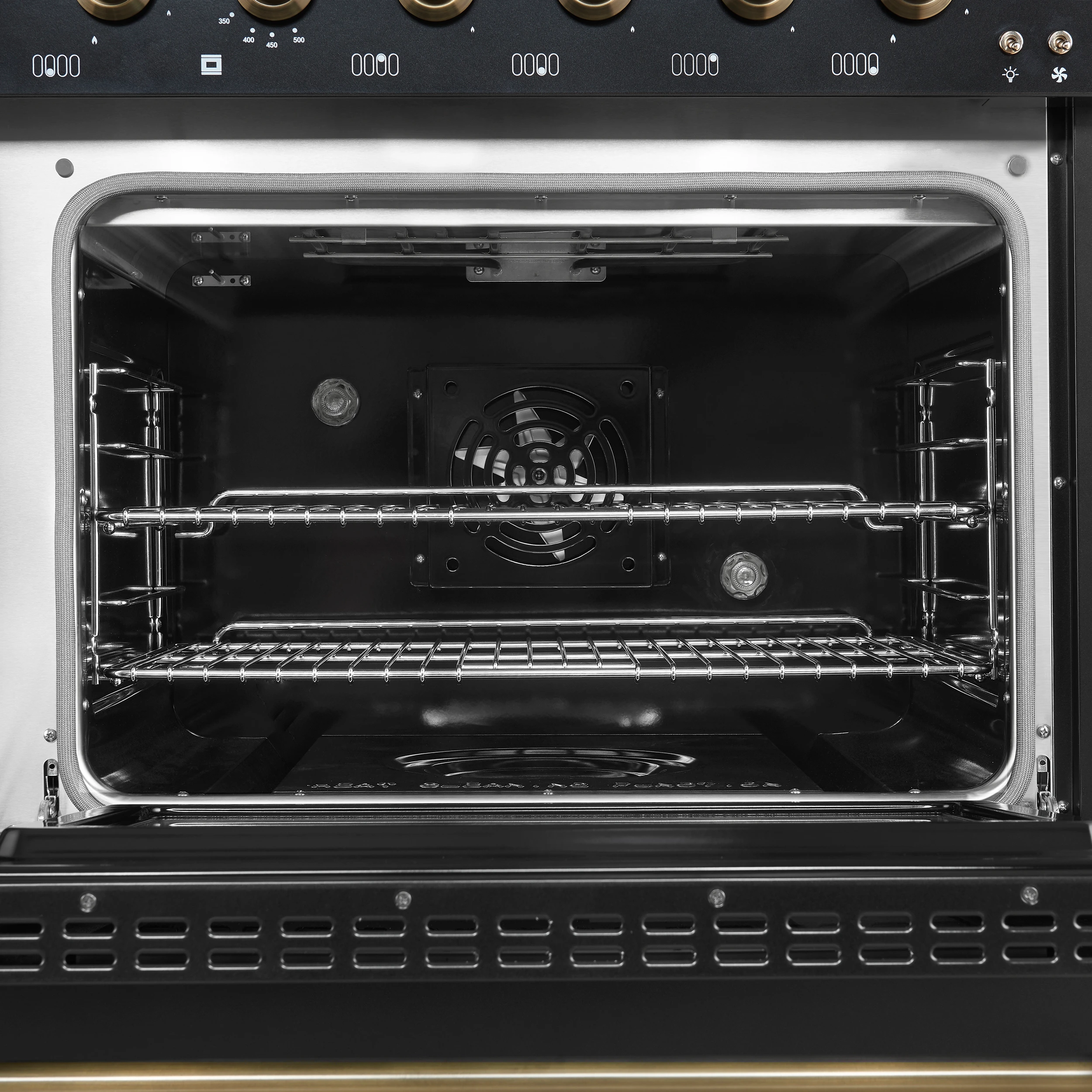 Antico 48-Inch Dual Fuel Range, Black with Antique Brass Finish, 8 Burners, 94,000 BTU, 5.5 cu.ft. Double Ovens & Griddle FFSGS611348BLK