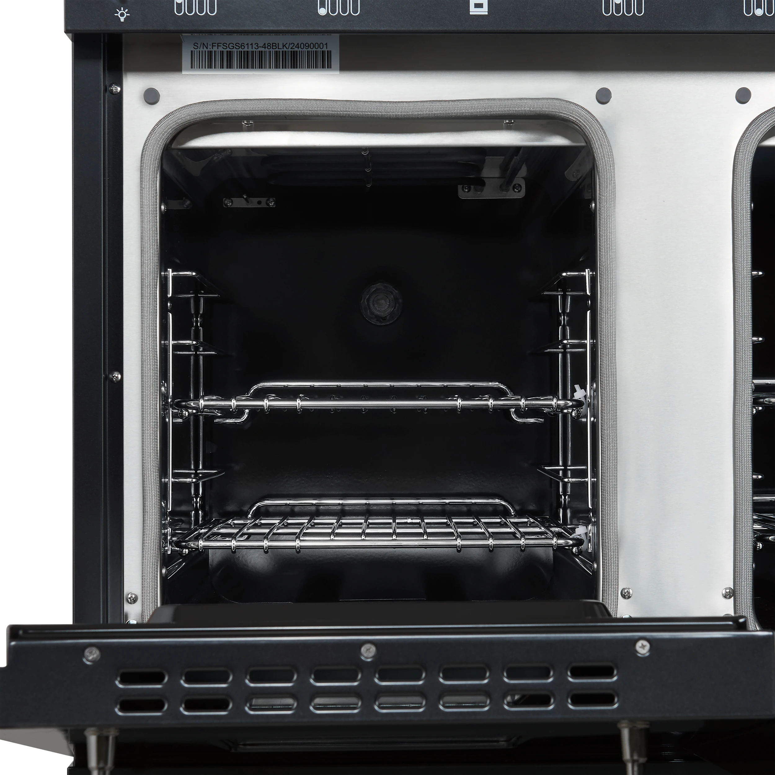 Antico 48-Inch Dual Fuel Range, Black with Antique Brass Finish, 8 Burners, 94,000 BTU, 5.5 cu.ft. Double Ovens & Griddle FFSGS611348BLK