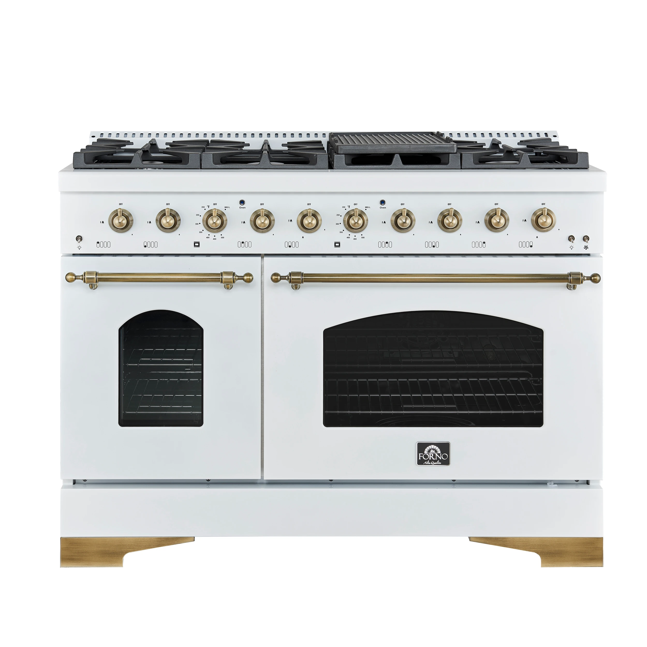Antico 48-Inch Dual Fuel Range, White with Antique Brass Finish, 8 Burners, 94,000 BTU, 5.5 cu.ft. Double Ovens & Griddle FFSGS611348WHT