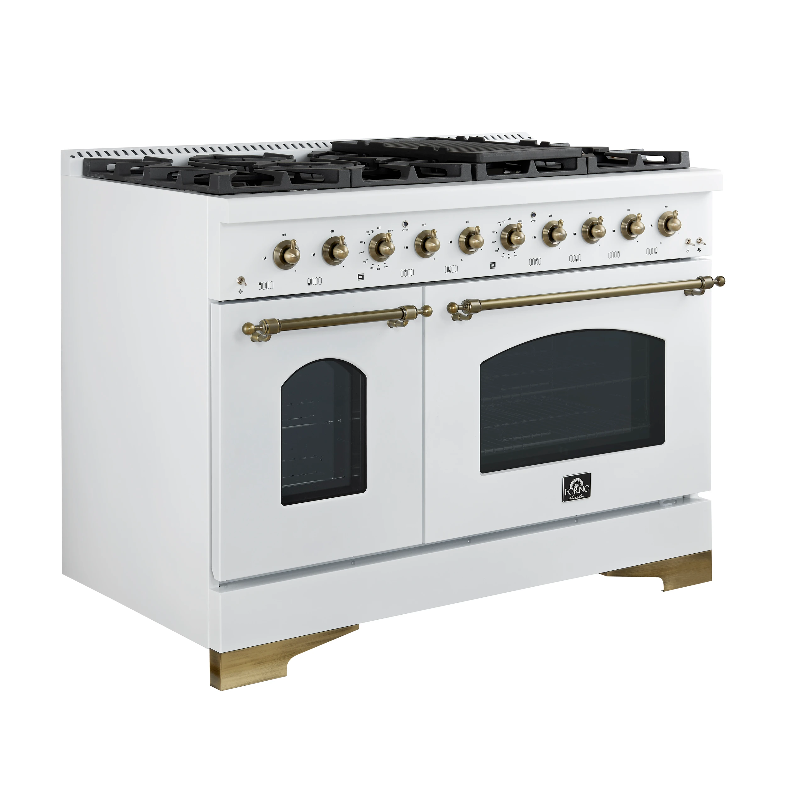 Antico 48-Inch Dual Fuel Range, White with Antique Brass Finish, 8 Burners, 94,000 BTU, 5.5 cu.ft. Double Ovens & Griddle FFSGS611348WHT