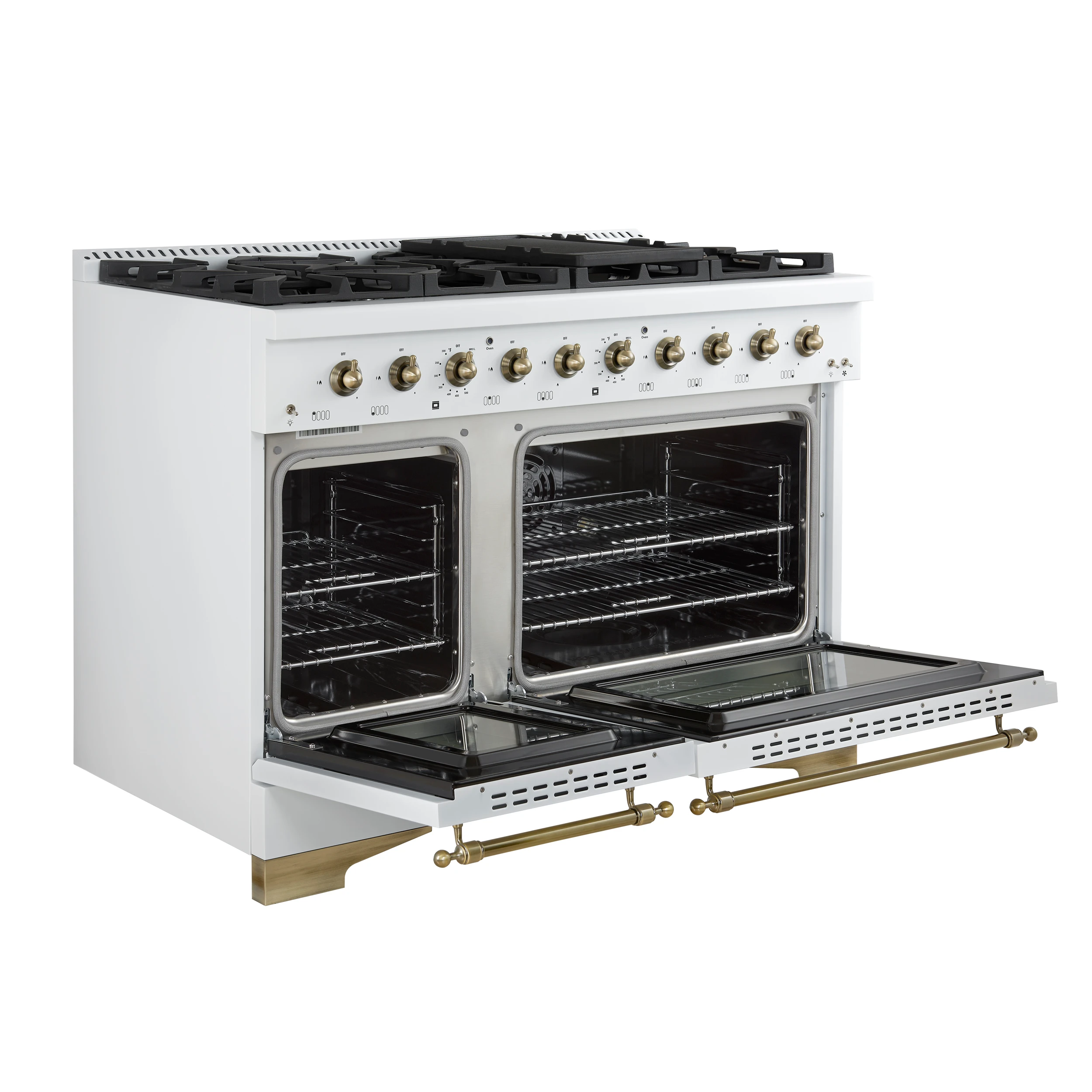 Antico 48-Inch Dual Fuel Range, White with Antique Brass Finish, 8 Burners, 94,000 BTU, 5.5 cu.ft. Double Ovens & Griddle FFSGS611348WHT