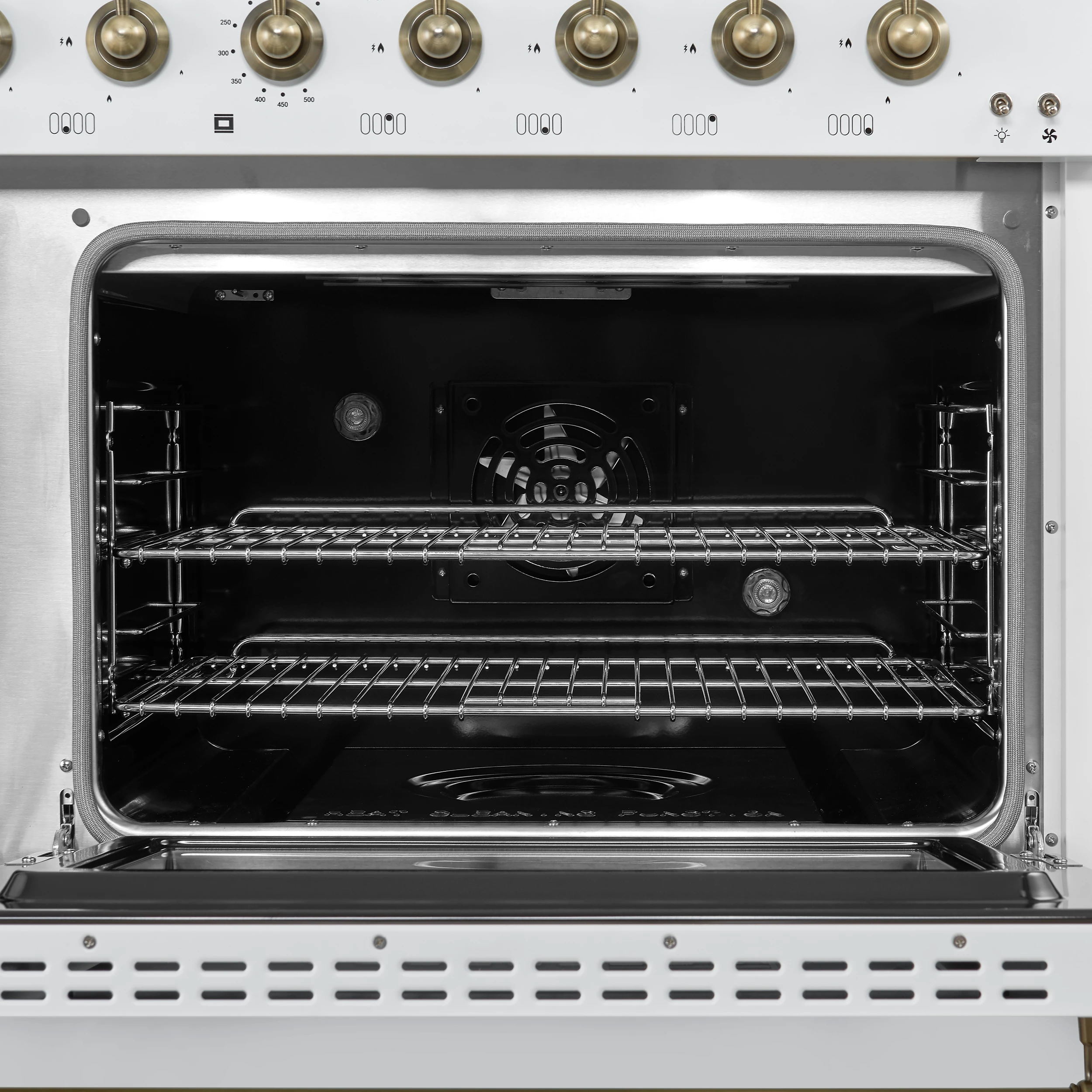 Antico 48-Inch Dual Fuel Range, White with Antique Brass Finish, 8 Burners, 94,000 BTU, 5.5 cu.ft. Double Ovens & Griddle FFSGS611348WHT