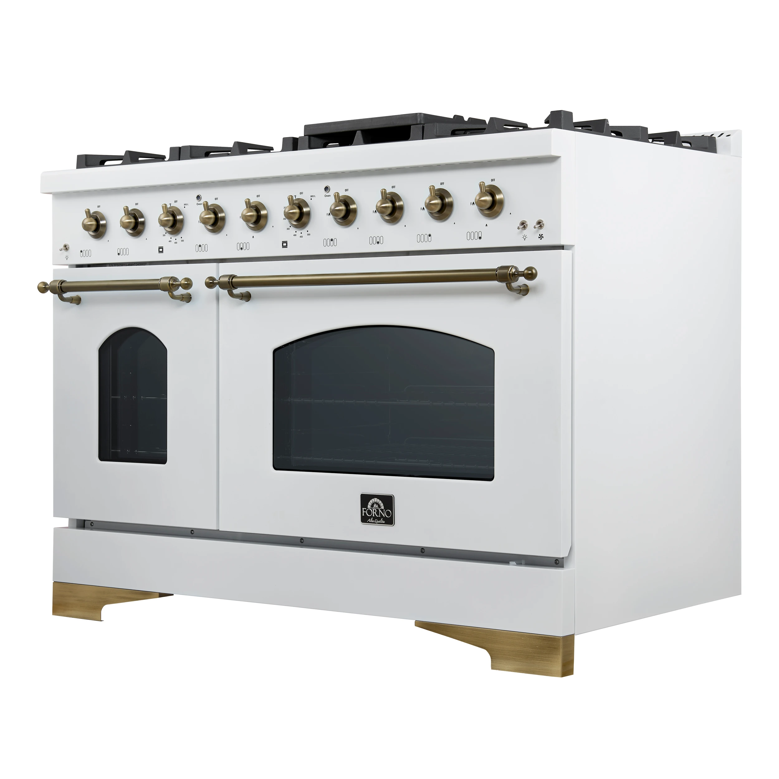Antico 48-Inch Dual Fuel Range, White with Antique Brass Finish, 8 Burners, 94,000 BTU, 5.5 cu.ft. Double Ovens & Griddle FFSGS611348WHT