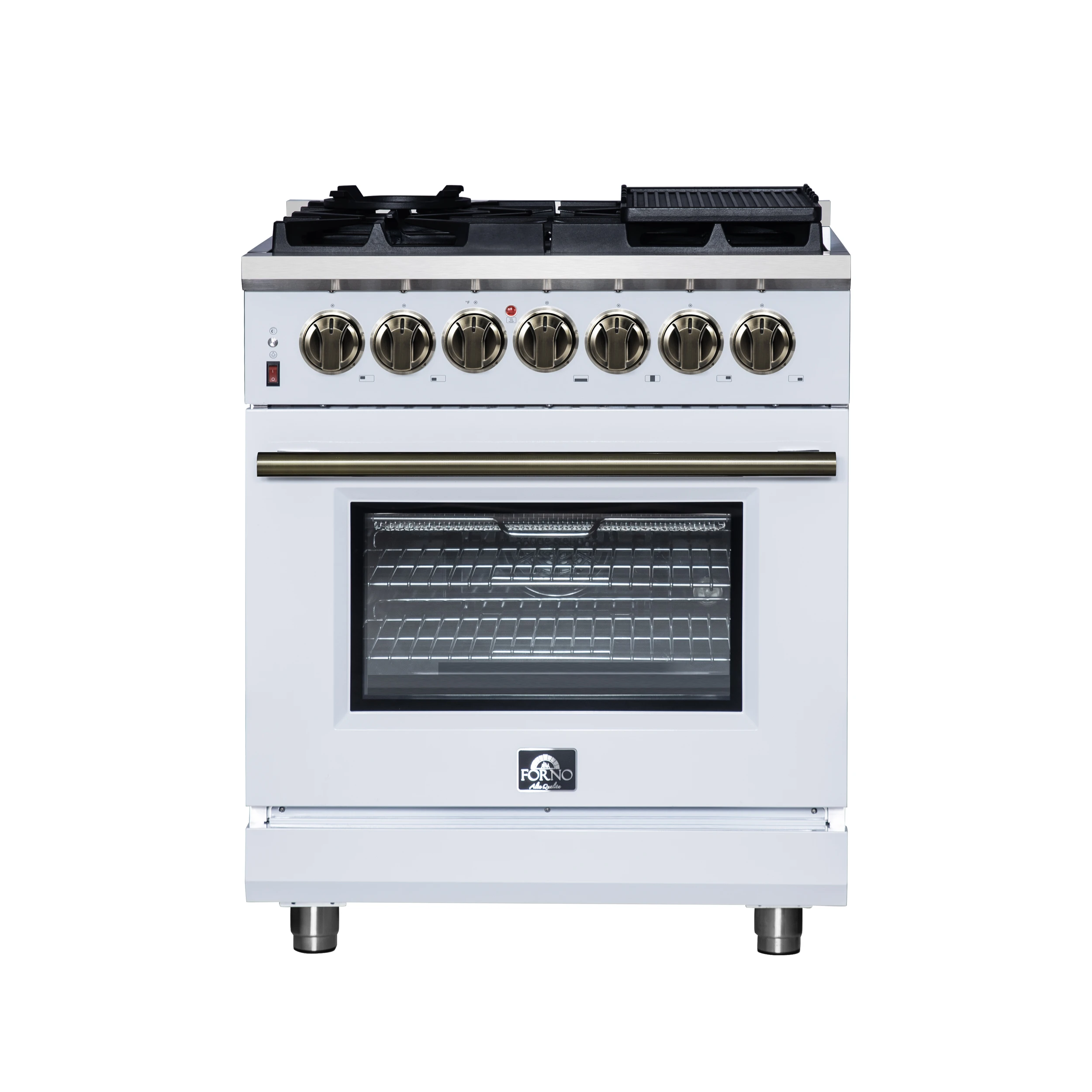 Massimo 30-Inch Freestanding Dual Fuel Range in White with Antique Brass Accessories, 4 Burners, 4.32 cu. ft. Convection Oven FFSGS612530WHT