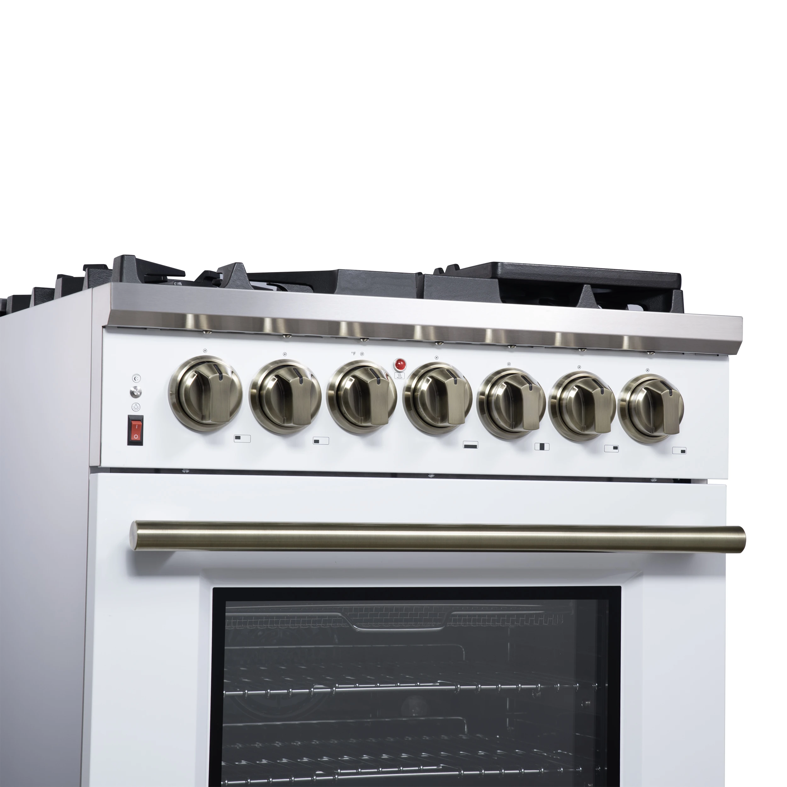 Massimo 30-Inch Freestanding Dual Fuel Range in White with Antique Brass Accessories, 4 Burners, 4.32 cu. ft. Convection Oven FFSGS612530WHT