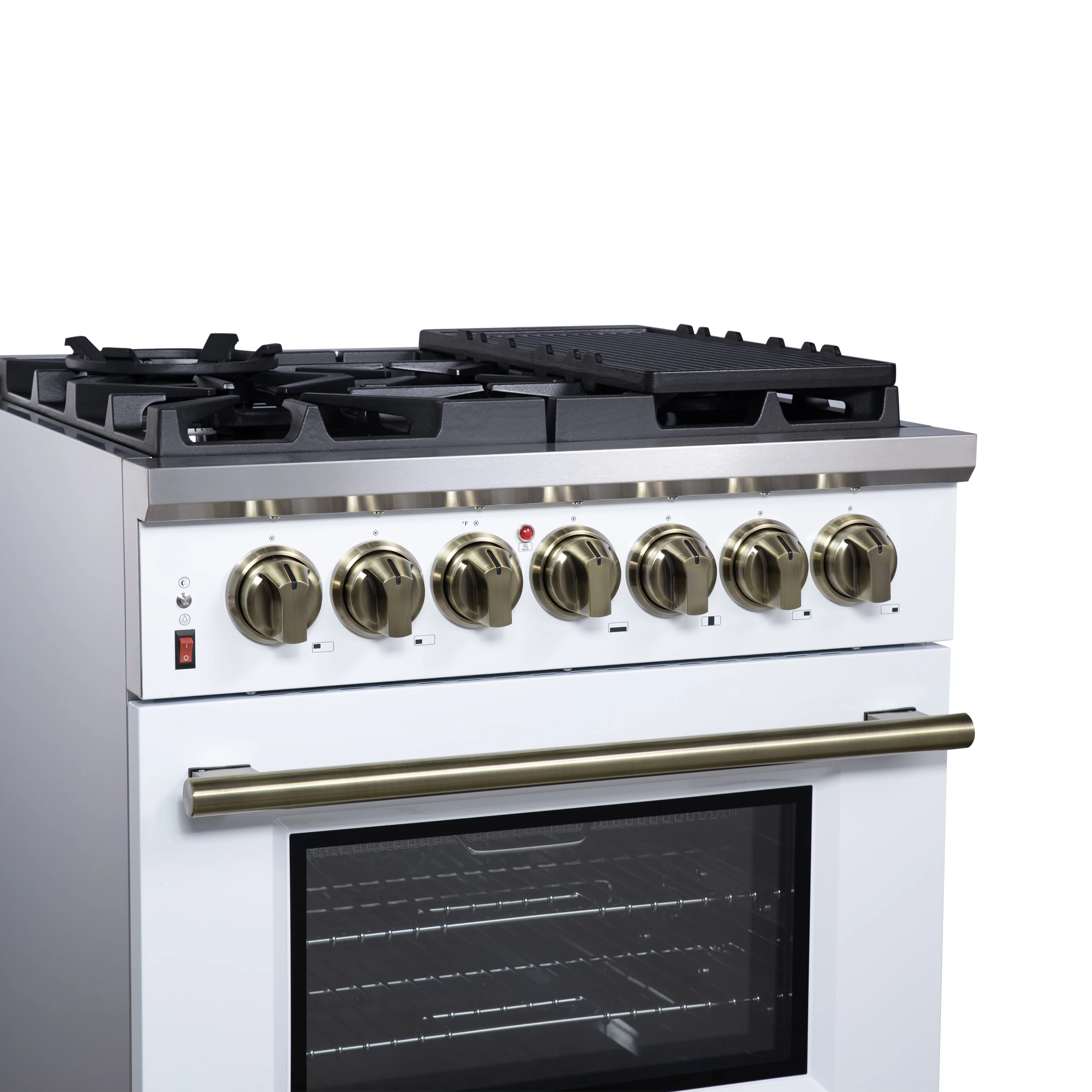 Massimo 30-Inch Freestanding Dual Fuel Range in White with Antique Brass Accessories, 4 Burners, 4.32 cu. ft. Convection Oven FFSGS612530WHT