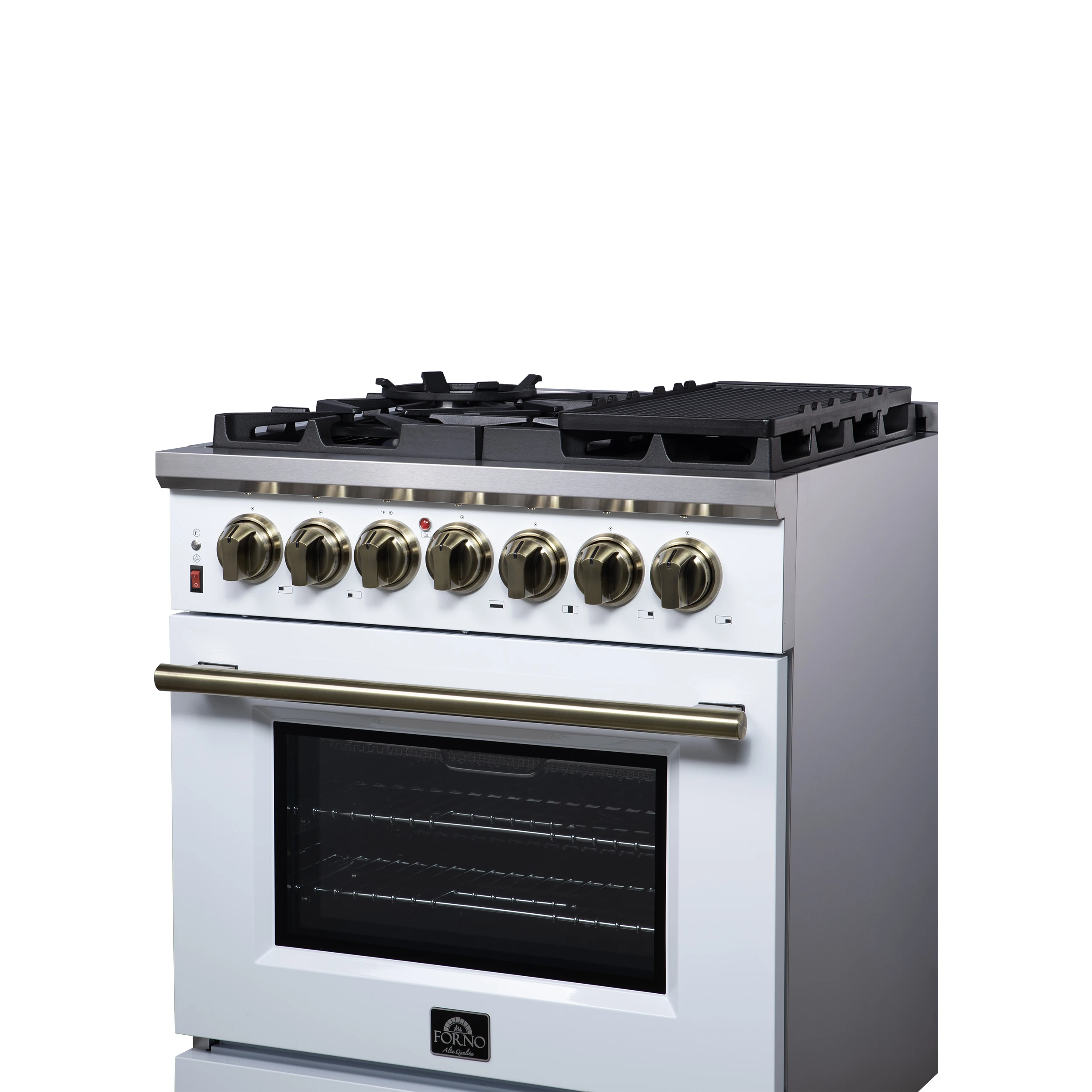 Massimo 30-Inch Freestanding Dual Fuel Range in White with Antique Brass Accessories, 4 Burners, 4.32 cu. ft. Convection Oven FFSGS612530WHT