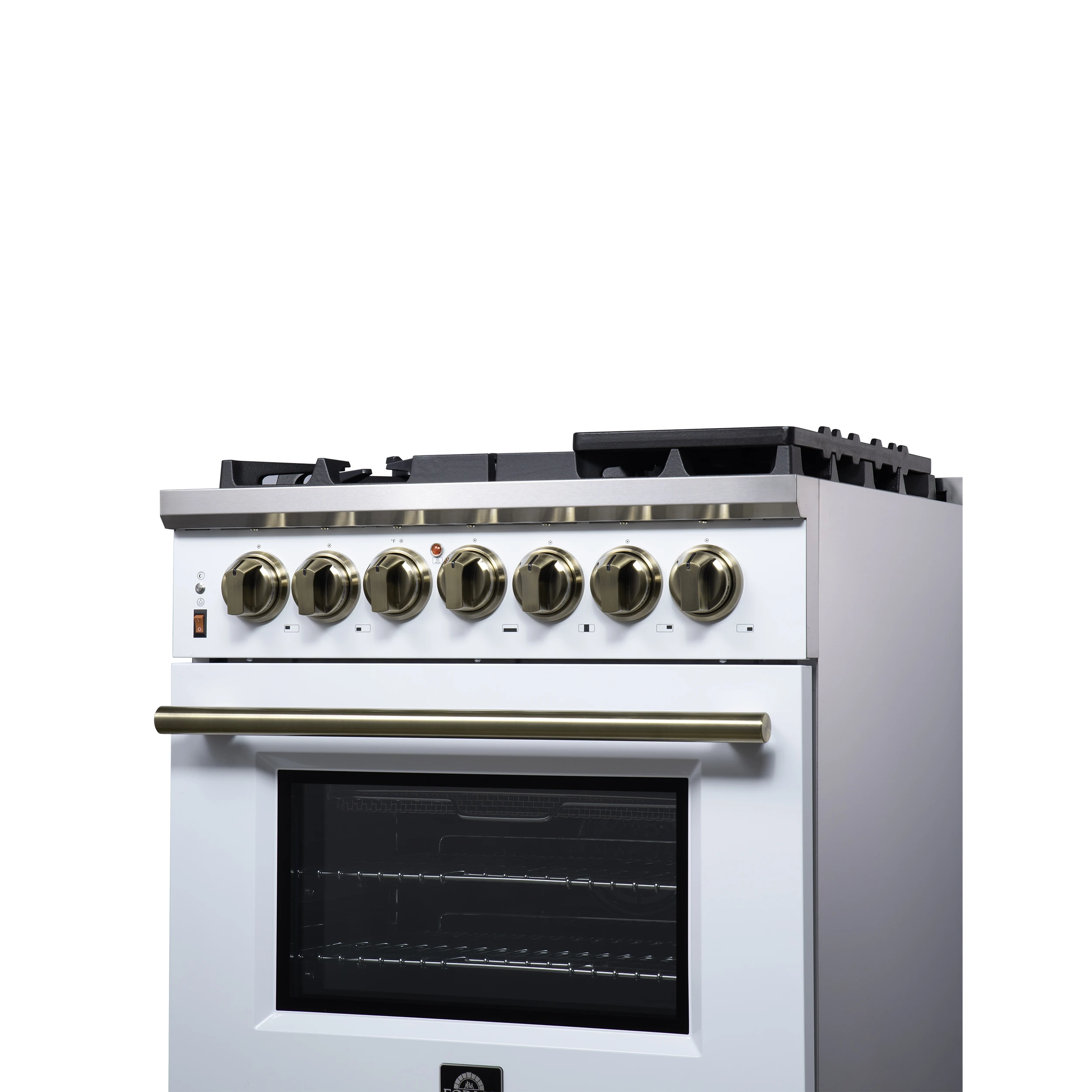 Massimo 30-Inch Freestanding Dual Fuel Range in White with Antique Brass Accessories, 4 Burners, 4.32 cu. ft. Convection Oven FFSGS612530WHT