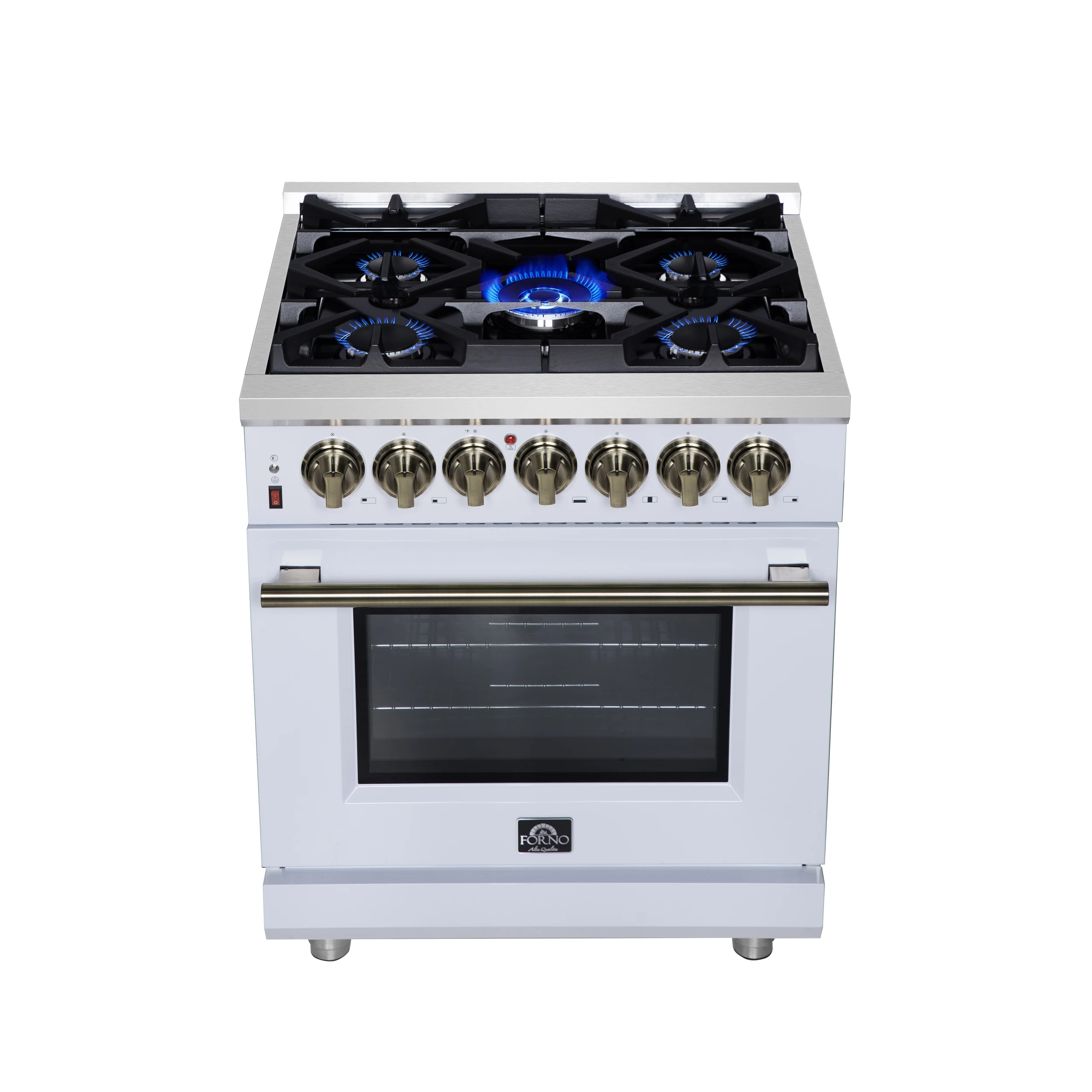 Massimo 30-Inch Freestanding Dual Fuel Range in White with Antique Brass Accessories, 4 Burners, 4.32 cu. ft. Convection Oven FFSGS612530WHT