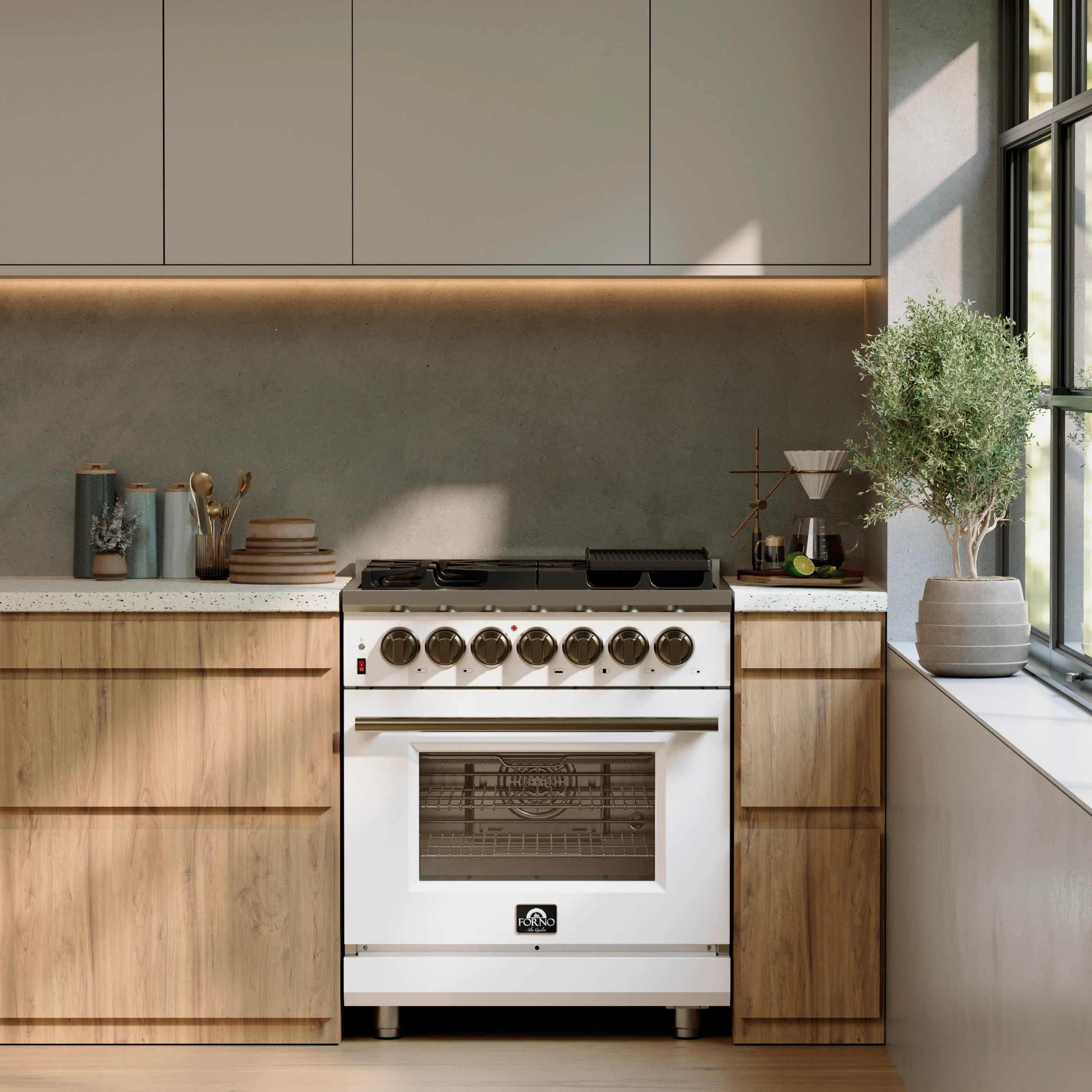 Massimo 30-Inch Freestanding Dual Fuel Range in White with Antique Brass Accessories, 4 Burners, 4.32 cu. ft. Convection Oven FFSGS612530WHT