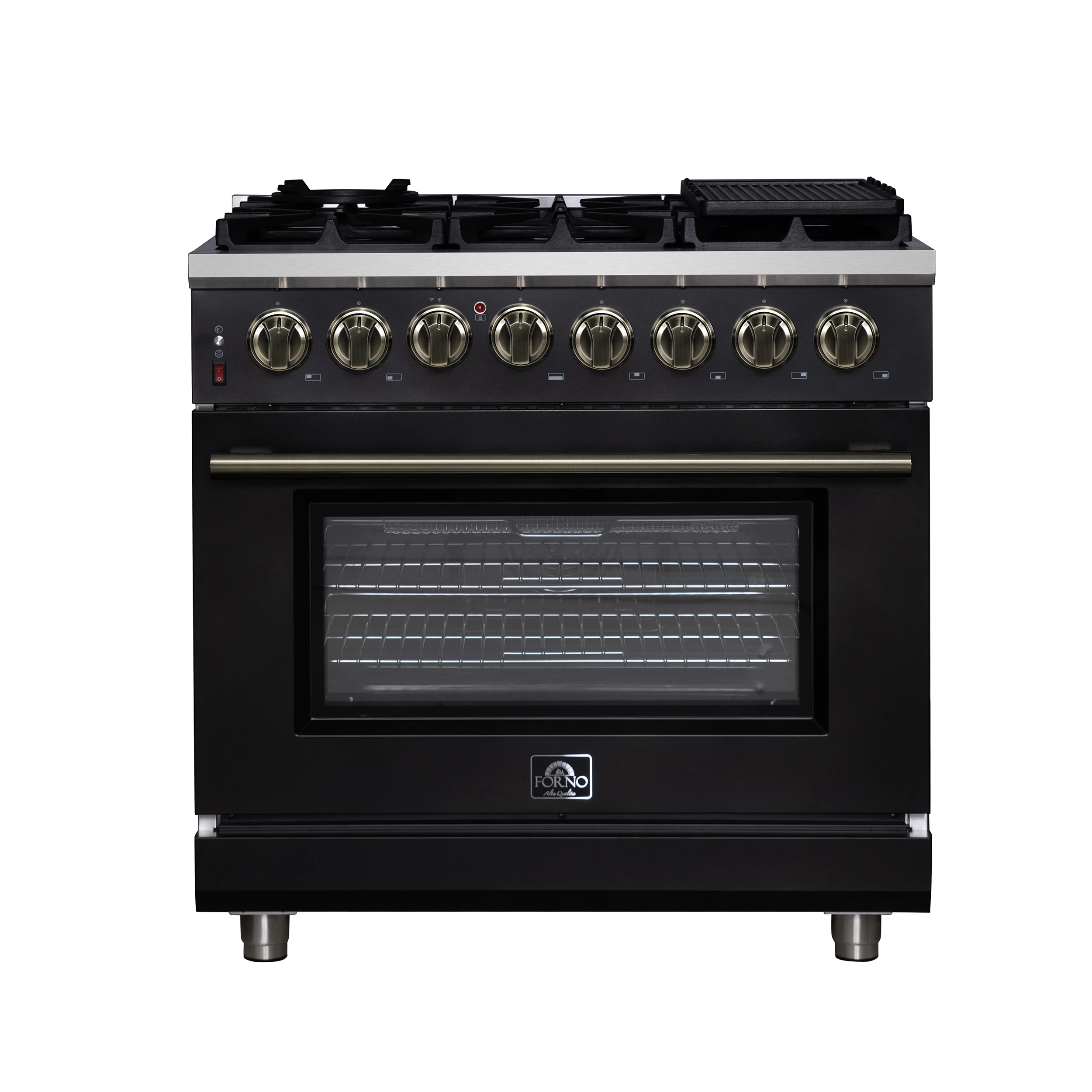 Massimo 36 Inch Freestanding Dual Fuel Range in Black with Antique Brass Accessories, 6 Burners, 5.36 cu. ft. Convection Oven FFSGS612536BLK