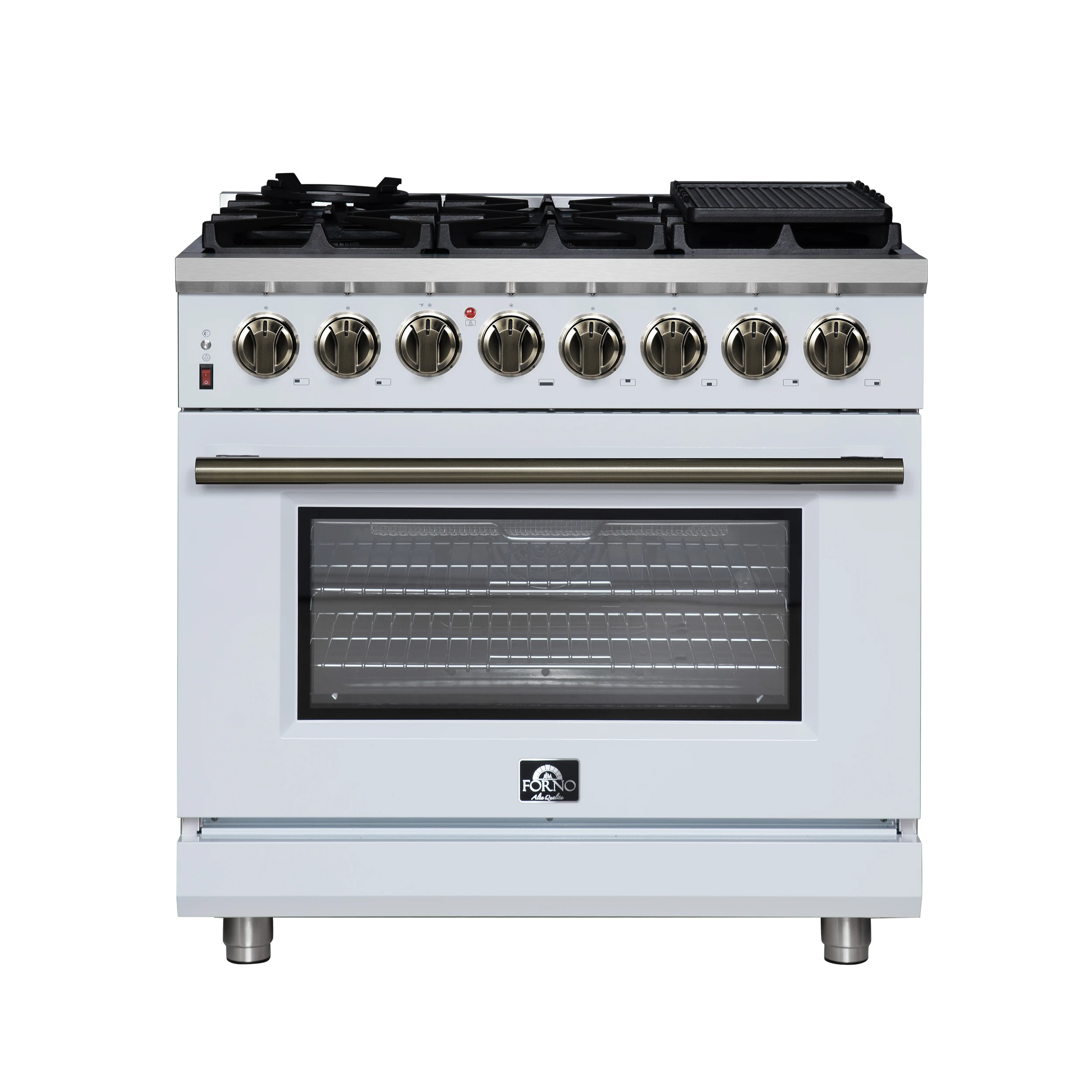 Massimo 36 Inch Freestanding Dual Fuel Range in White with Antique Brass Accessories, 6 Burners, 5.36 cu. ft. Convection Oven FFSGS612536WHT