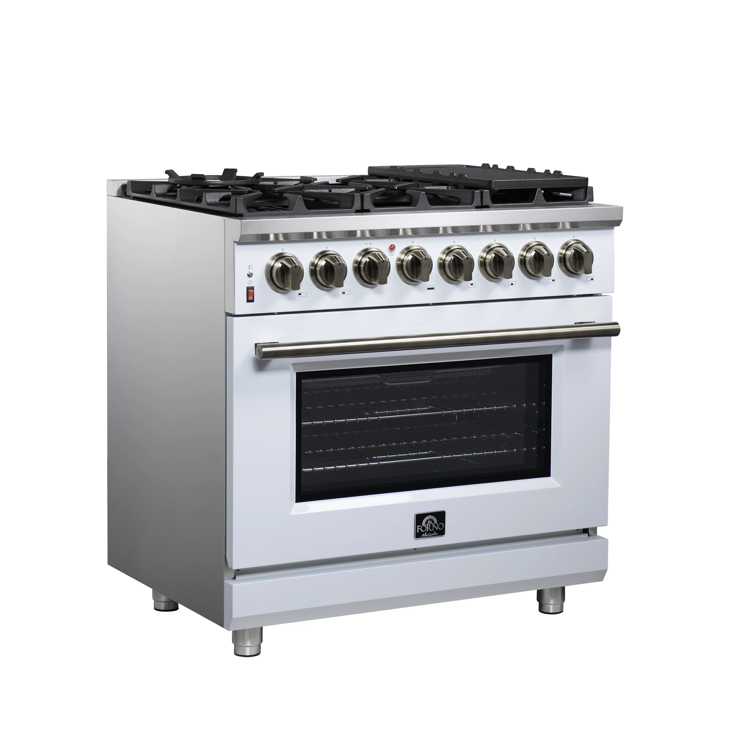 Massimo 36 Inch Freestanding Dual Fuel Range in White with Antique Brass Accessories, 6 Burners, 5.36 cu. ft. Convection Oven FFSGS612536WHT
