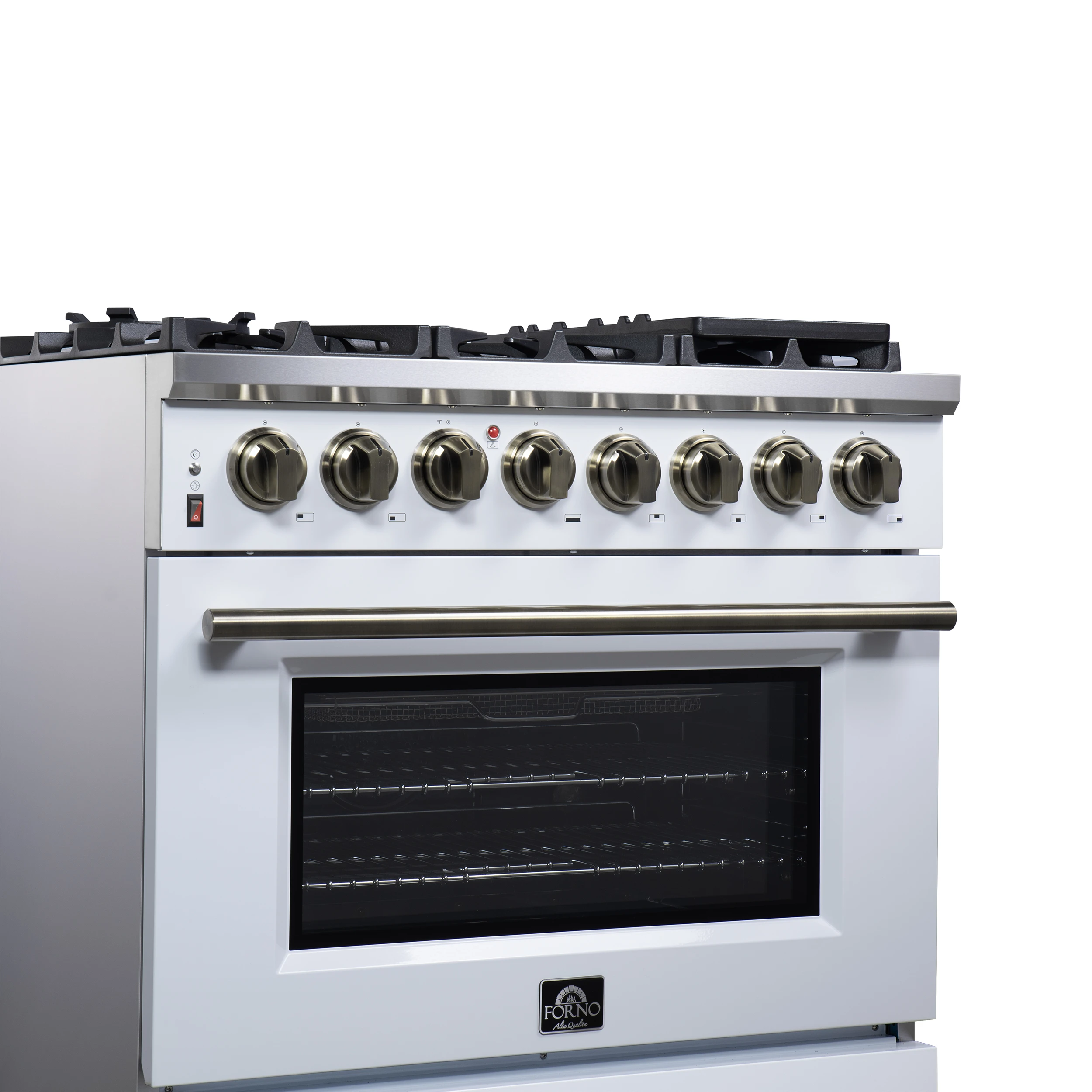 Massimo 36 Inch Freestanding Dual Fuel Range in White with Antique Brass Accessories, 6 Burners, 5.36 cu. ft. Convection Oven FFSGS612536WHT