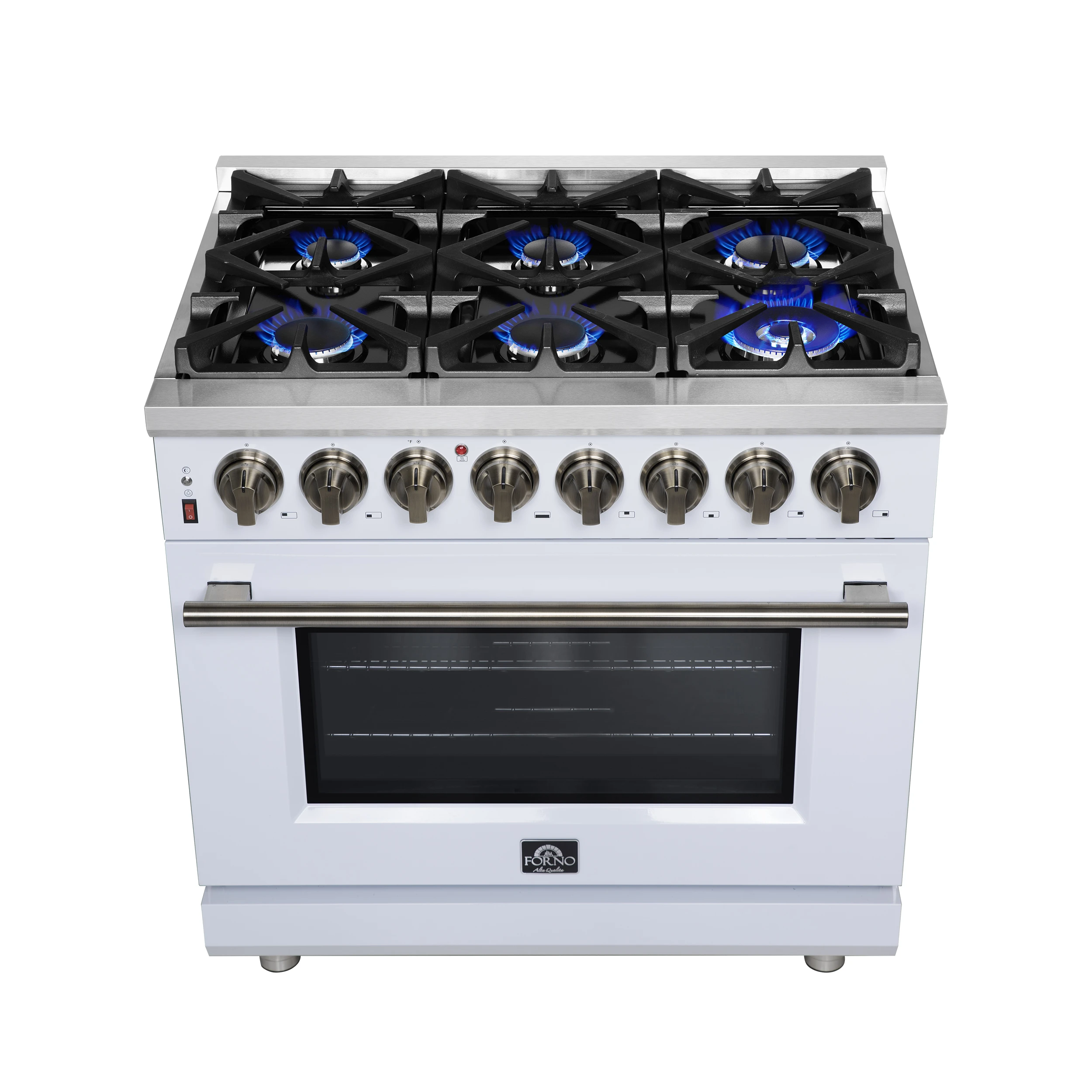Massimo 36 Inch Freestanding Dual Fuel Range in White with Antique Brass Accessories, 6 Burners, 5.36 cu. ft. Convection Oven FFSGS612536WHT