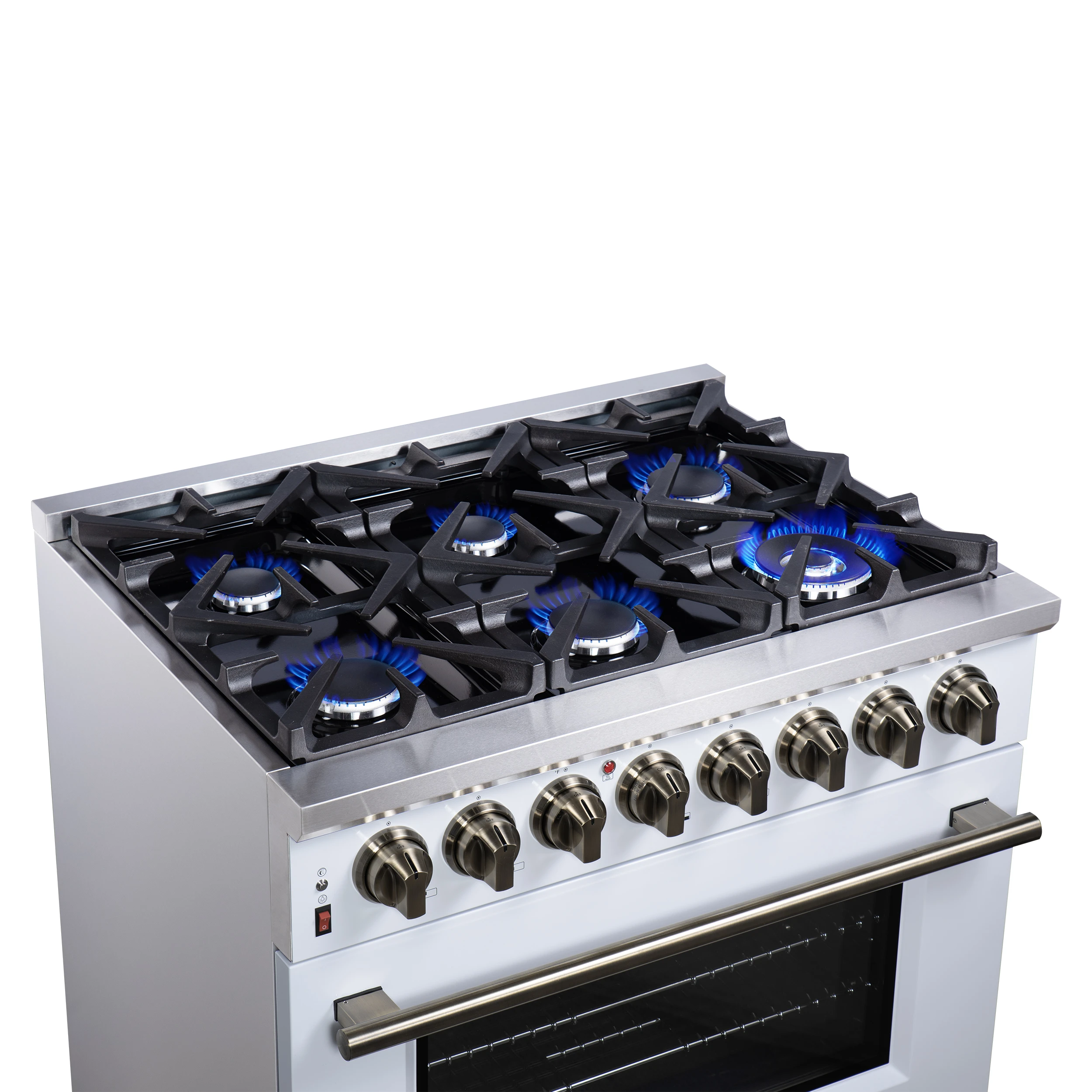 Massimo 36 Inch Freestanding Dual Fuel Range in White with Antique Brass Accessories, 6 Burners, 5.36 cu. ft. Convection Oven FFSGS612536WHT