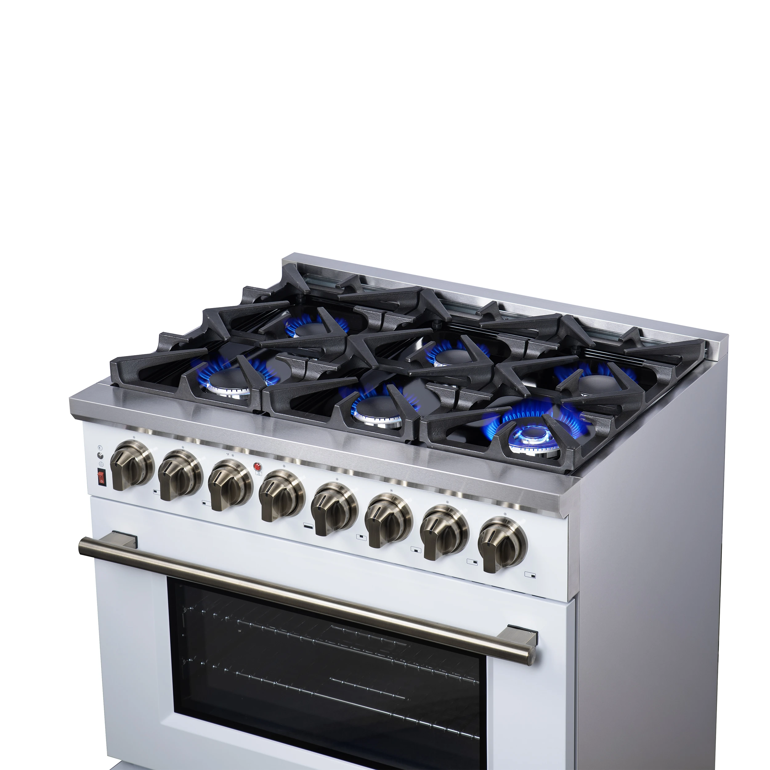 Massimo 36 Inch Freestanding Dual Fuel Range in White with Antique Brass Accessories, 6 Burners, 5.36 cu. ft. Convection Oven FFSGS612536WHT