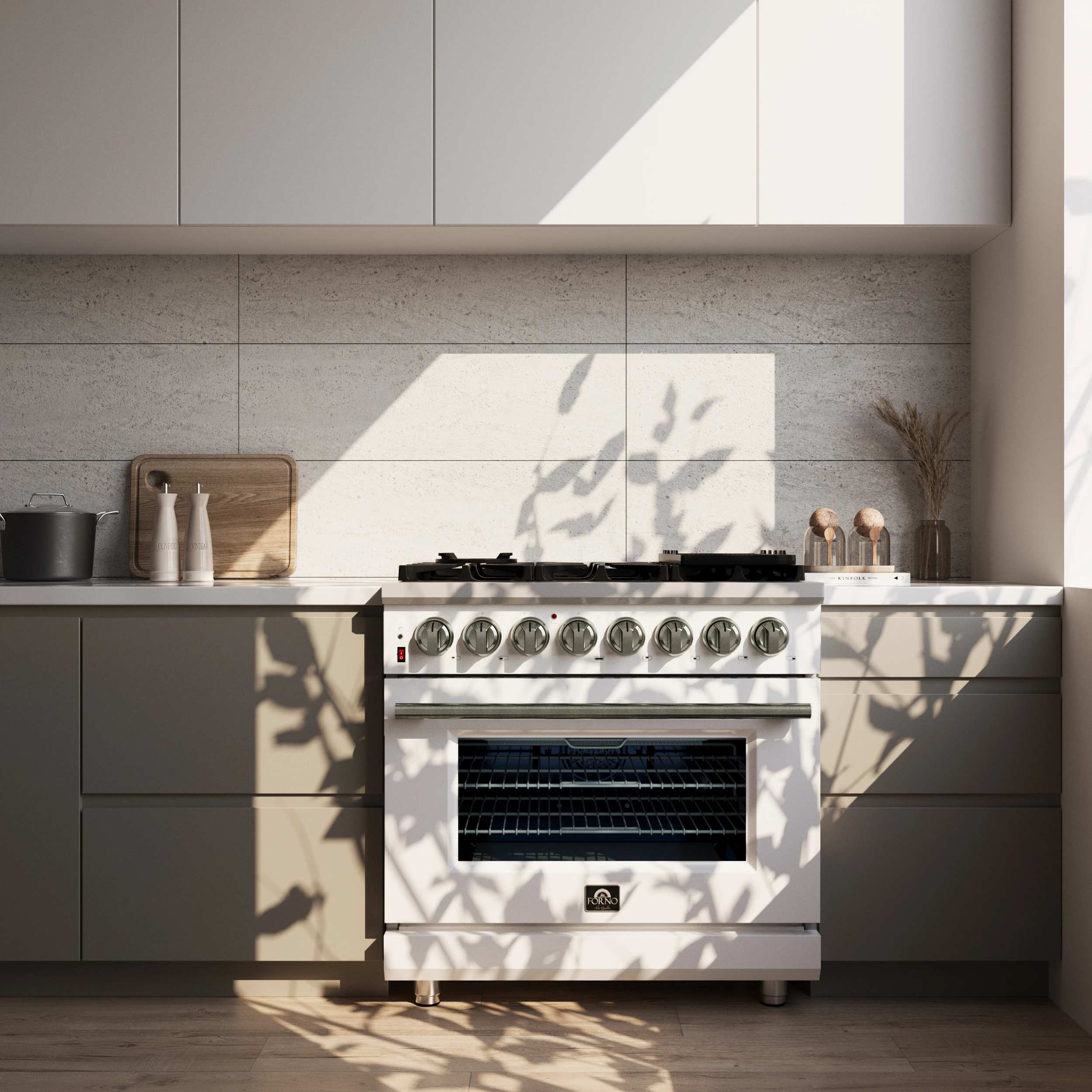 Massimo 36 Inch Freestanding Dual Fuel Range in White with Antique Brass Accessories, 6 Burners, 5.36 cu. ft. Convection Oven FFSGS612536WHT