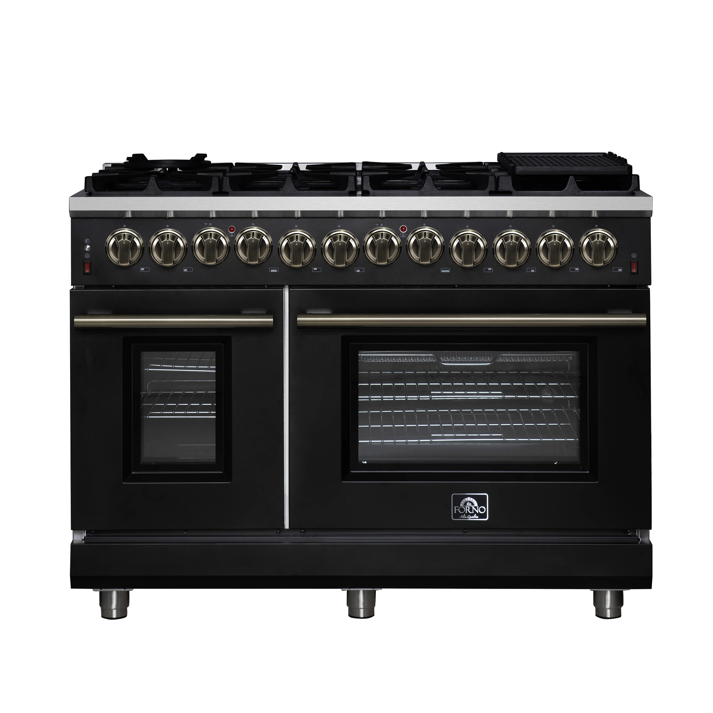 Massimo 48 Inch Freestanding Dual Fuel Range in Black with Antique Brass Accessories, 8 Burners, 6.58 cu. ft. Convection Oven FFSGS612548BLK