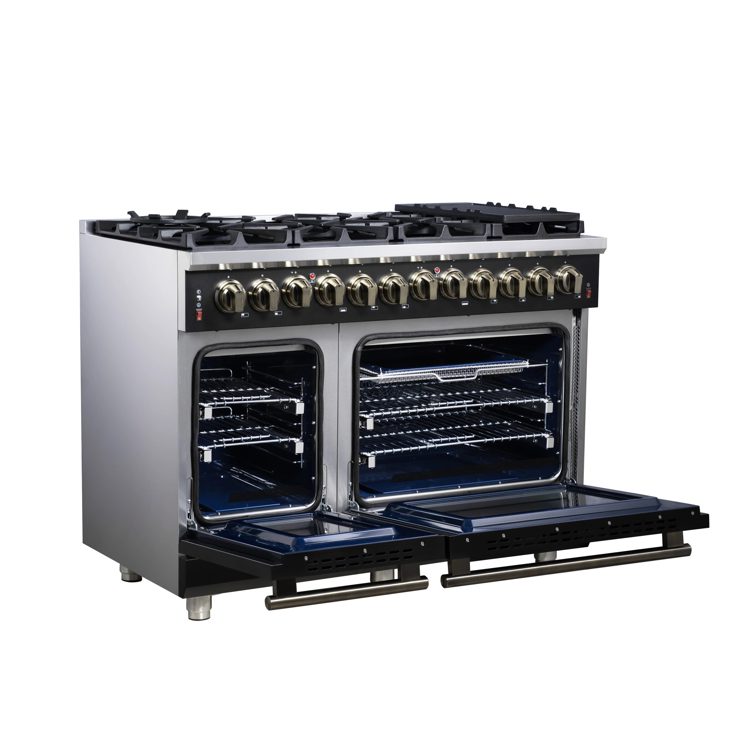 Massimo 48 Inch Freestanding Dual Fuel Range in Black with Antique Brass Accessories, 8 Burners, 6.58 cu. ft. Convection Oven FFSGS612548BLK