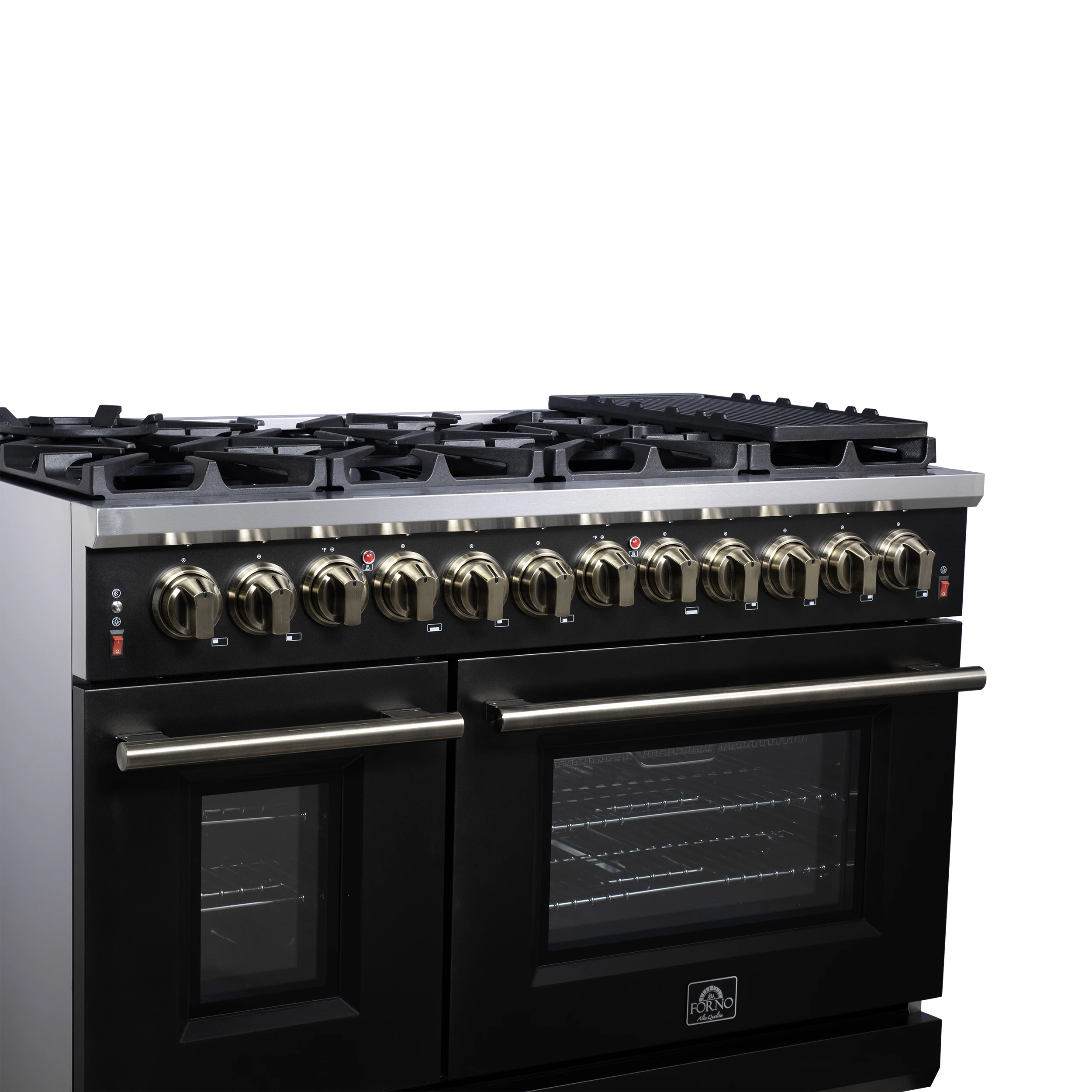 Massimo 48 Inch Freestanding Dual Fuel Range in Black with Antique Brass Accessories, 8 Burners, 6.58 cu. ft. Convection Oven FFSGS612548BLK