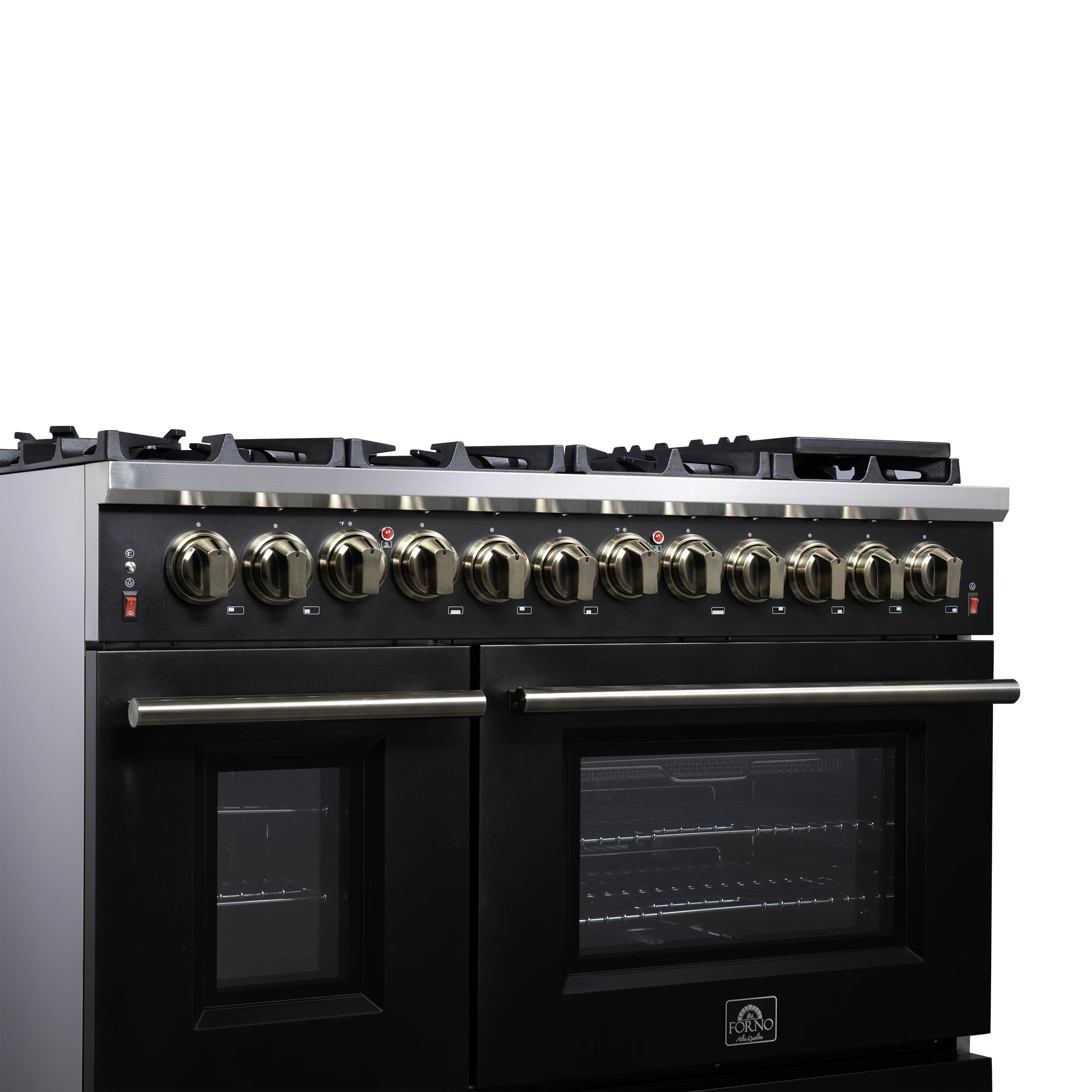 Massimo 48 Inch Freestanding Dual Fuel Range in Black with Antique Brass Accessories, 8 Burners, 6.58 cu. ft. Convection Oven FFSGS612548BLK