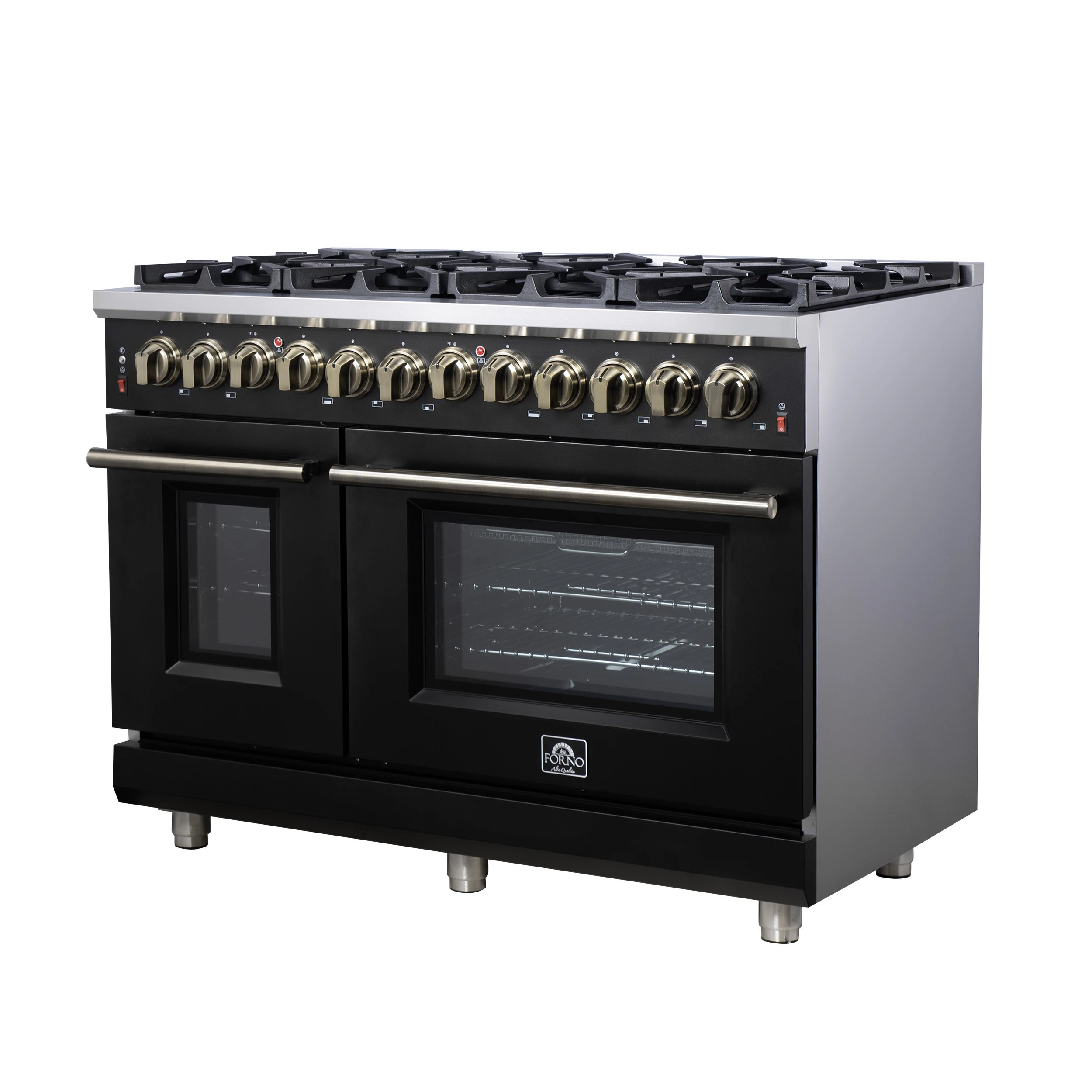 Massimo 48 Inch Freestanding Dual Fuel Range in Black with Antique Brass Accessories, 8 Burners, 6.58 cu. ft. Convection Oven FFSGS612548BLK