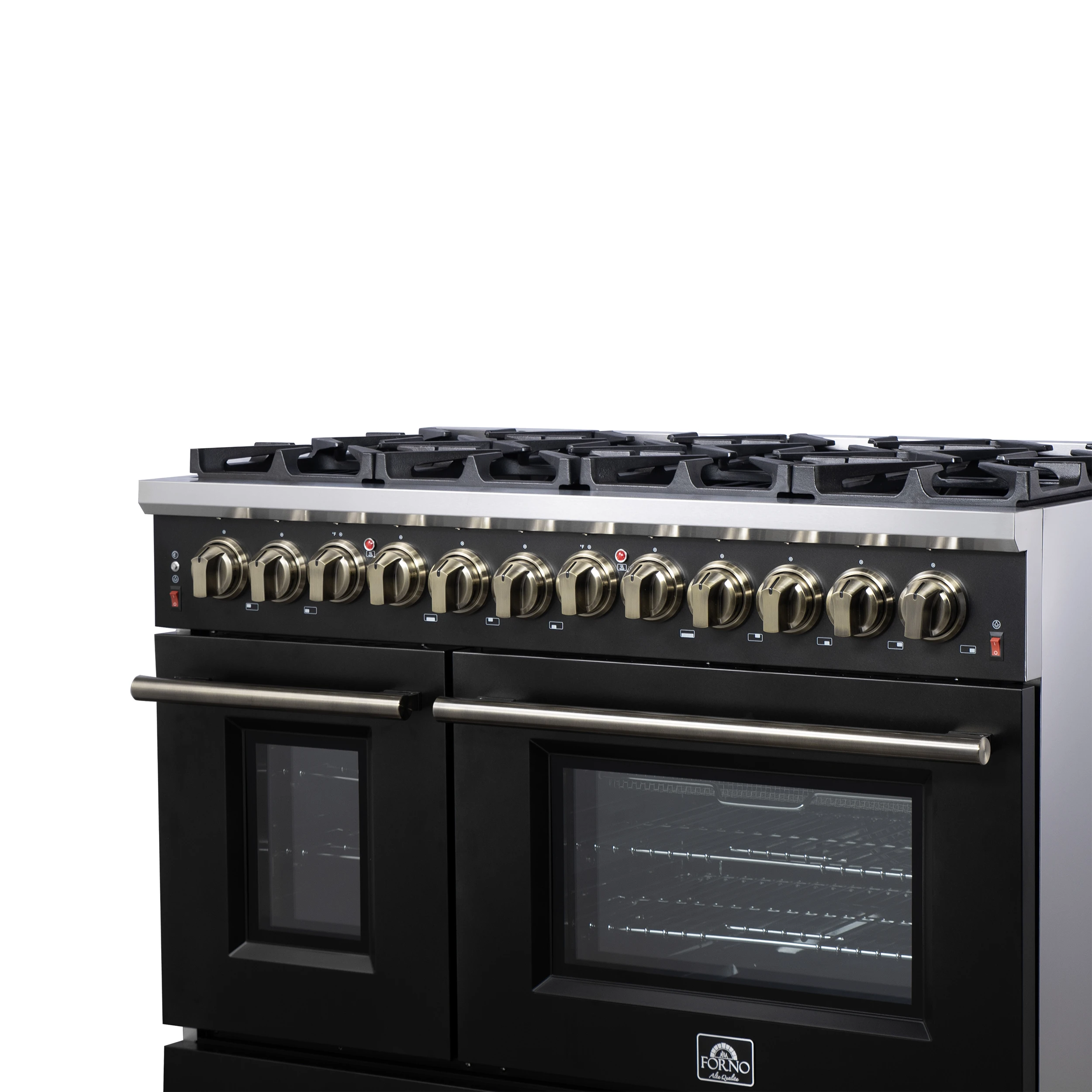 Massimo 48 Inch Freestanding Dual Fuel Range in Black with Antique Brass Accessories, 8 Burners, 6.58 cu. ft. Convection Oven FFSGS612548BLK