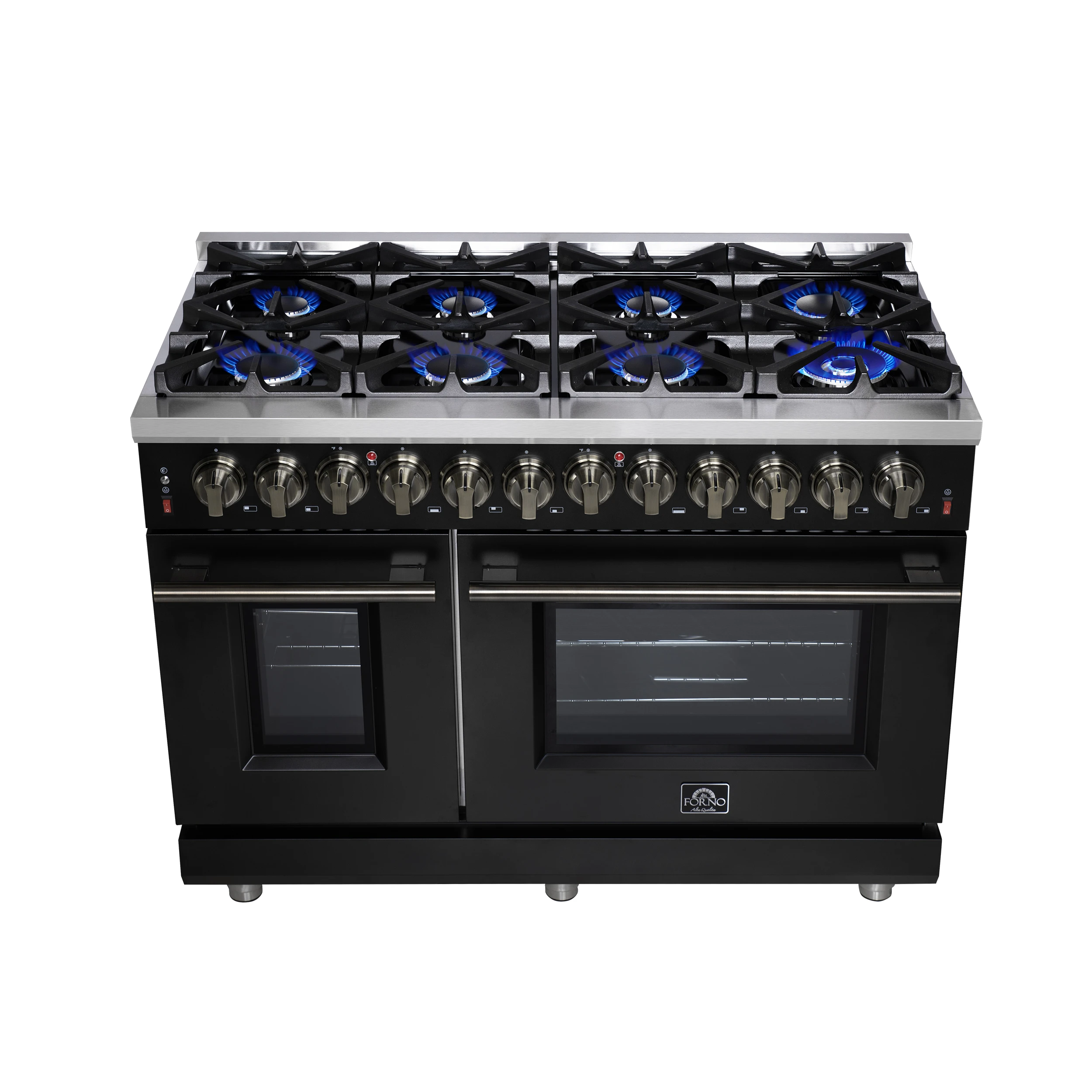 Massimo 48 Inch Freestanding Dual Fuel Range in Black with Antique Brass Accessories, 8 Burners, 6.58 cu. ft. Convection Oven FFSGS612548BLK