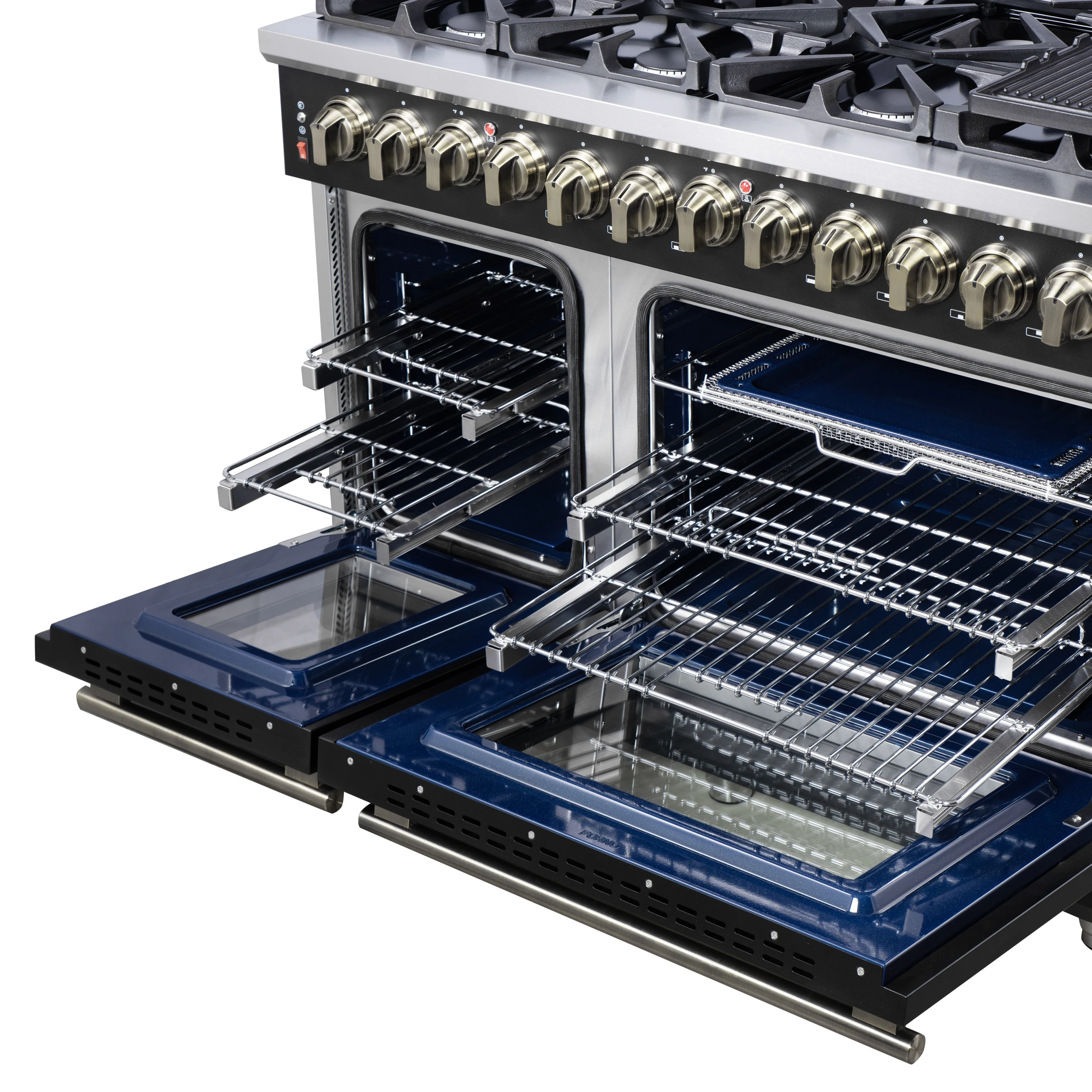 Massimo 48 Inch Freestanding Dual Fuel Range in Black with Antique Brass Accessories, 8 Burners, 6.58 cu. ft. Convection Oven FFSGS612548BLK