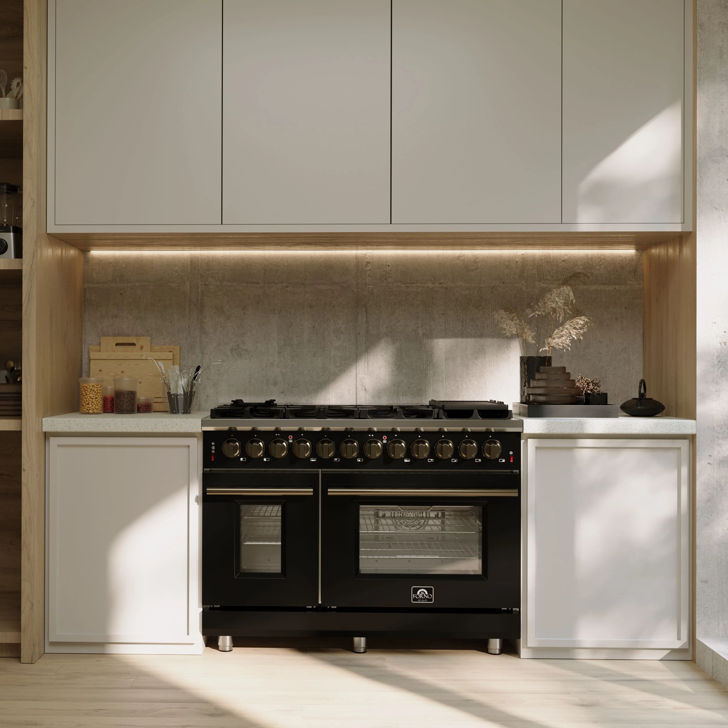 Massimo 48 Inch Freestanding Dual Fuel Range in Black with Antique Brass Accessories, 8 Burners, 6.58 cu. ft. Convection Oven FFSGS612548BLK