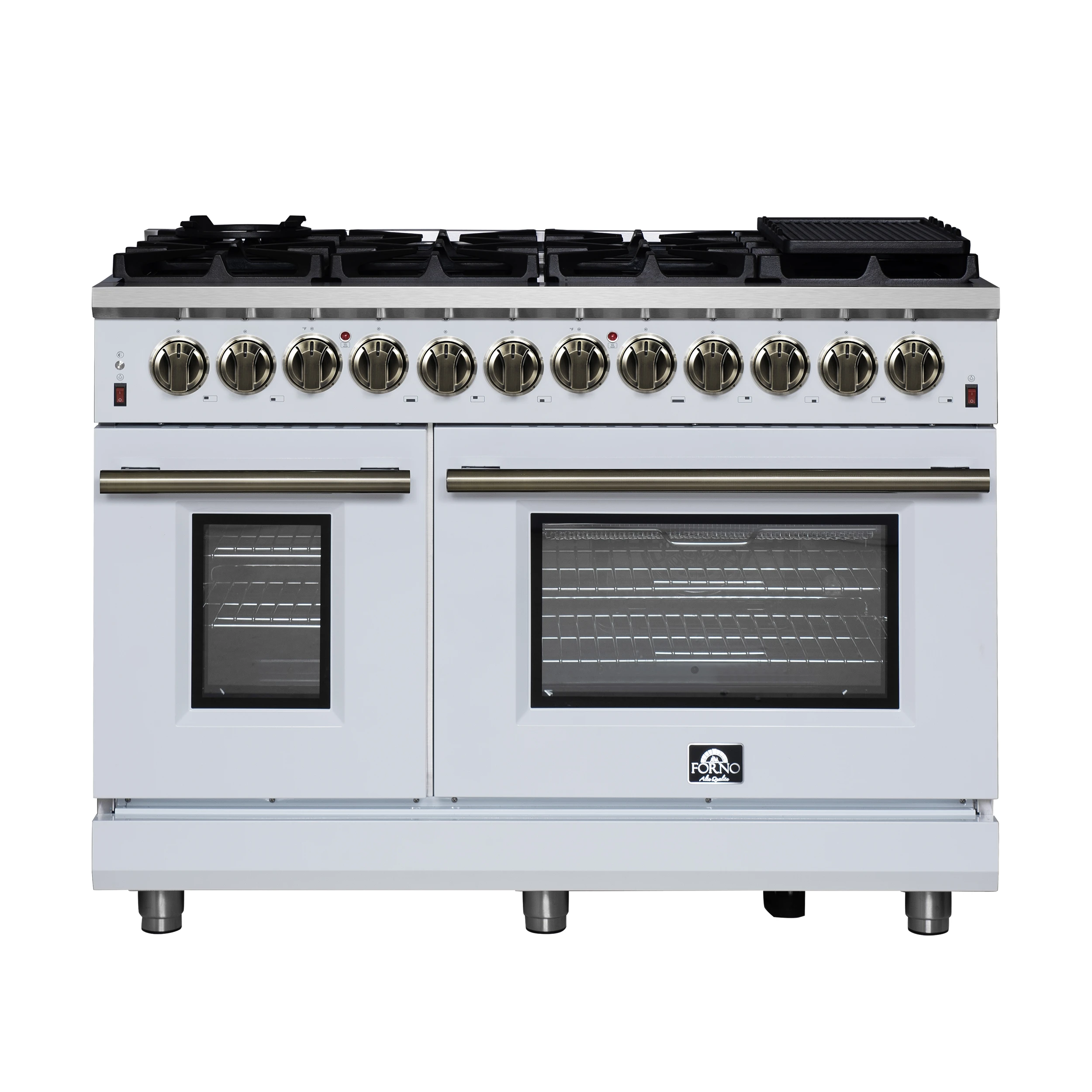 Massimo 48 Inch Freestanding Dual Fuel Range in White with Antique Brass Accessories, 8 Burners, 6.58 cu. ft. Convection Oven FFSGS612548WHT