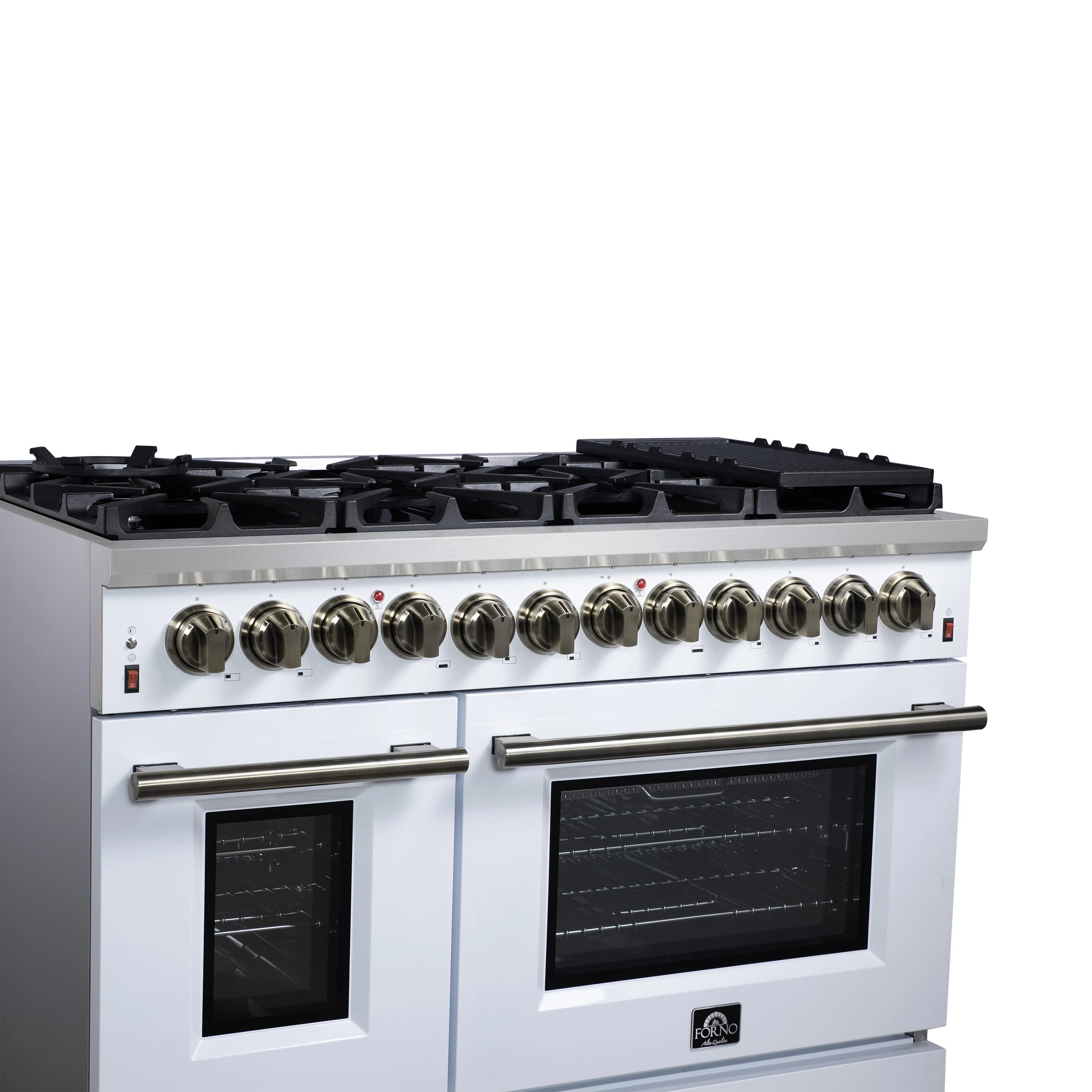 Massimo 48 Inch Freestanding Dual Fuel Range in White with Antique Brass Accessories, 8 Burners, 6.58 cu. ft. Convection Oven FFSGS612548WHT