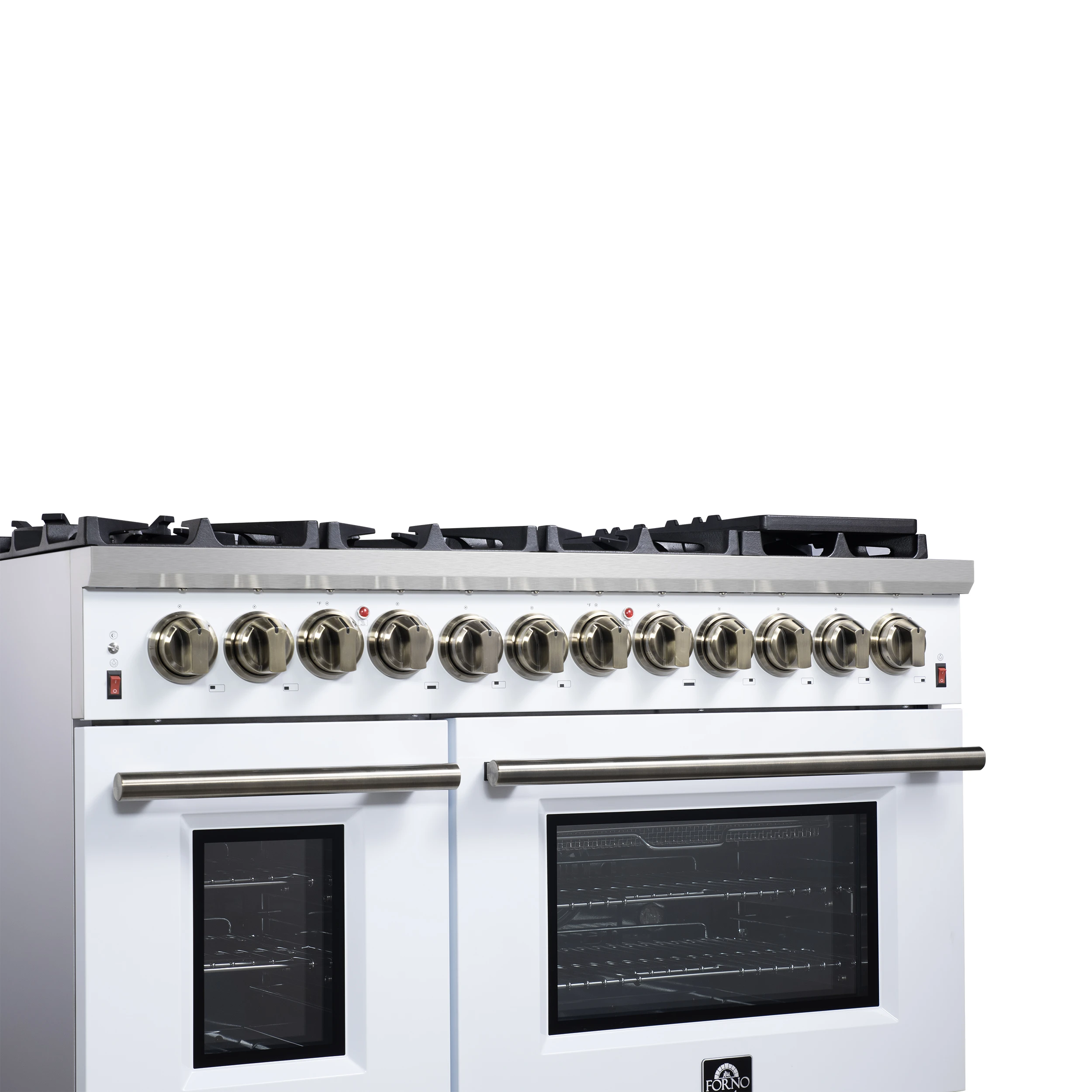 Massimo 48 Inch Freestanding Dual Fuel Range in White with Antique Brass Accessories, 8 Burners, 6.58 cu. ft. Convection Oven FFSGS612548WHT