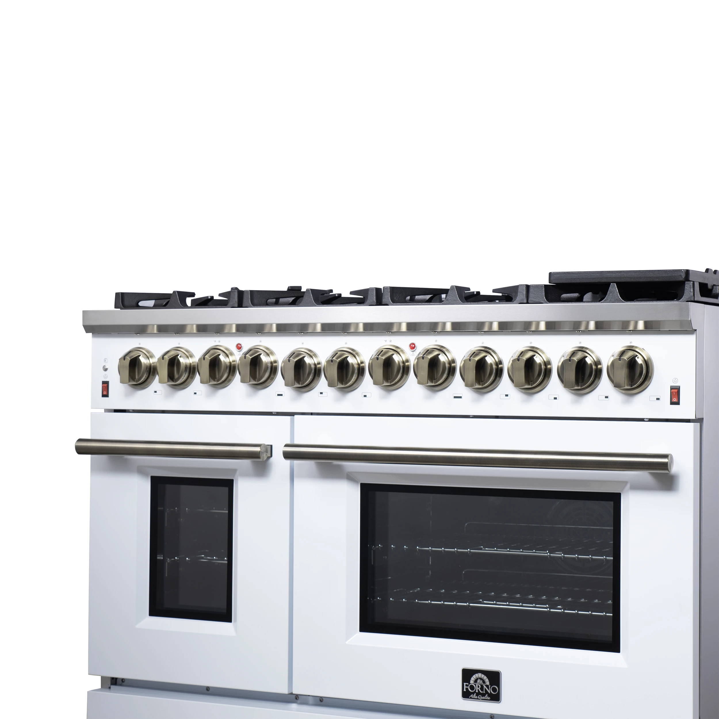 Massimo 48 Inch Freestanding Dual Fuel Range in White with Antique Brass Accessories, 8 Burners, 6.58 cu. ft. Convection Oven FFSGS612548WHT