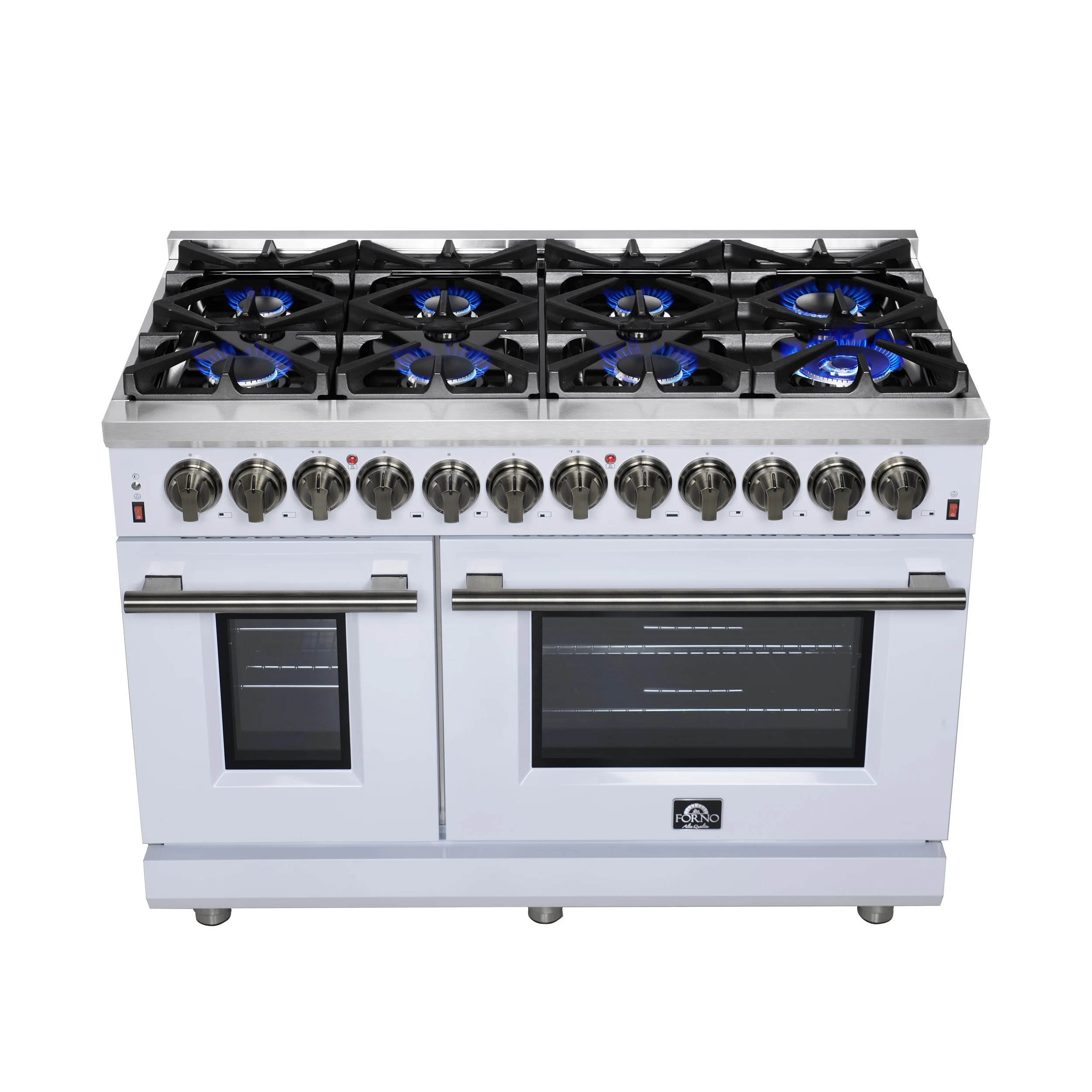 Massimo 48 Inch Freestanding Dual Fuel Range in White with Antique Brass Accessories, 8 Burners, 6.58 cu. ft. Convection Oven FFSGS612548WHT