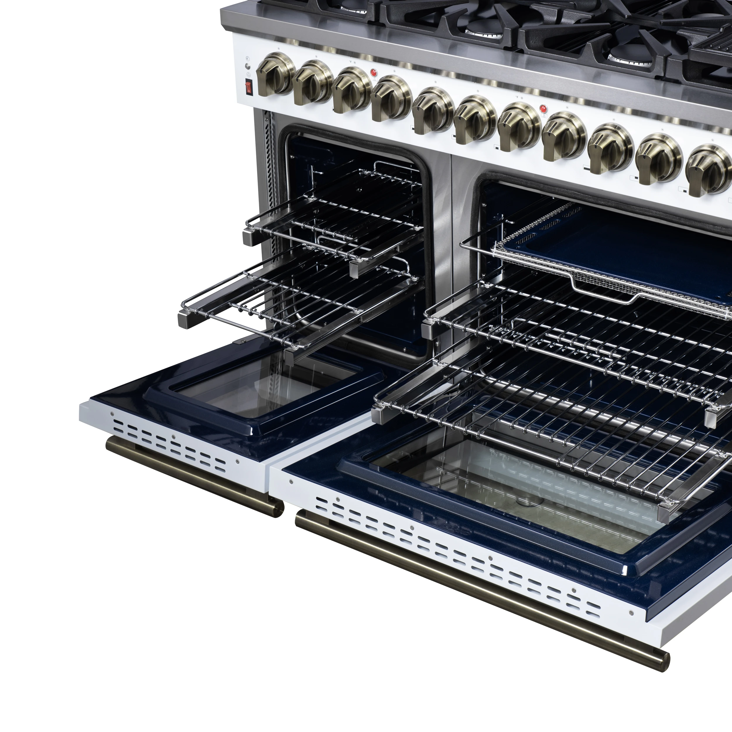 Massimo 48 Inch Freestanding Dual Fuel Range in White with Antique Brass Accessories, 8 Burners, 6.58 cu. ft. Convection Oven FFSGS612548WHT