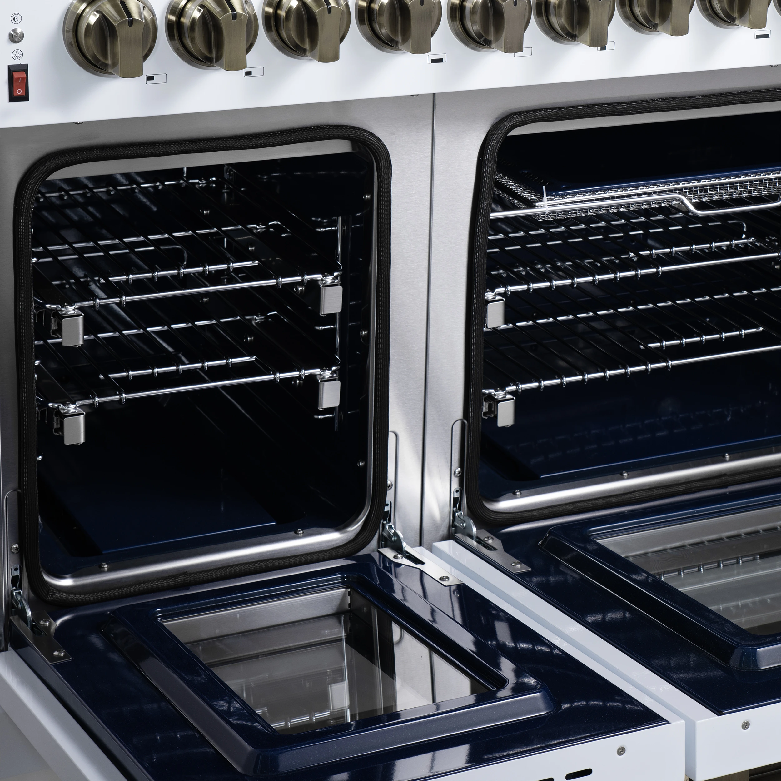 Massimo 48 Inch Freestanding Dual Fuel Range in White with Antique Brass Accessories, 8 Burners, 6.58 cu. ft. Convection Oven FFSGS612548WHT