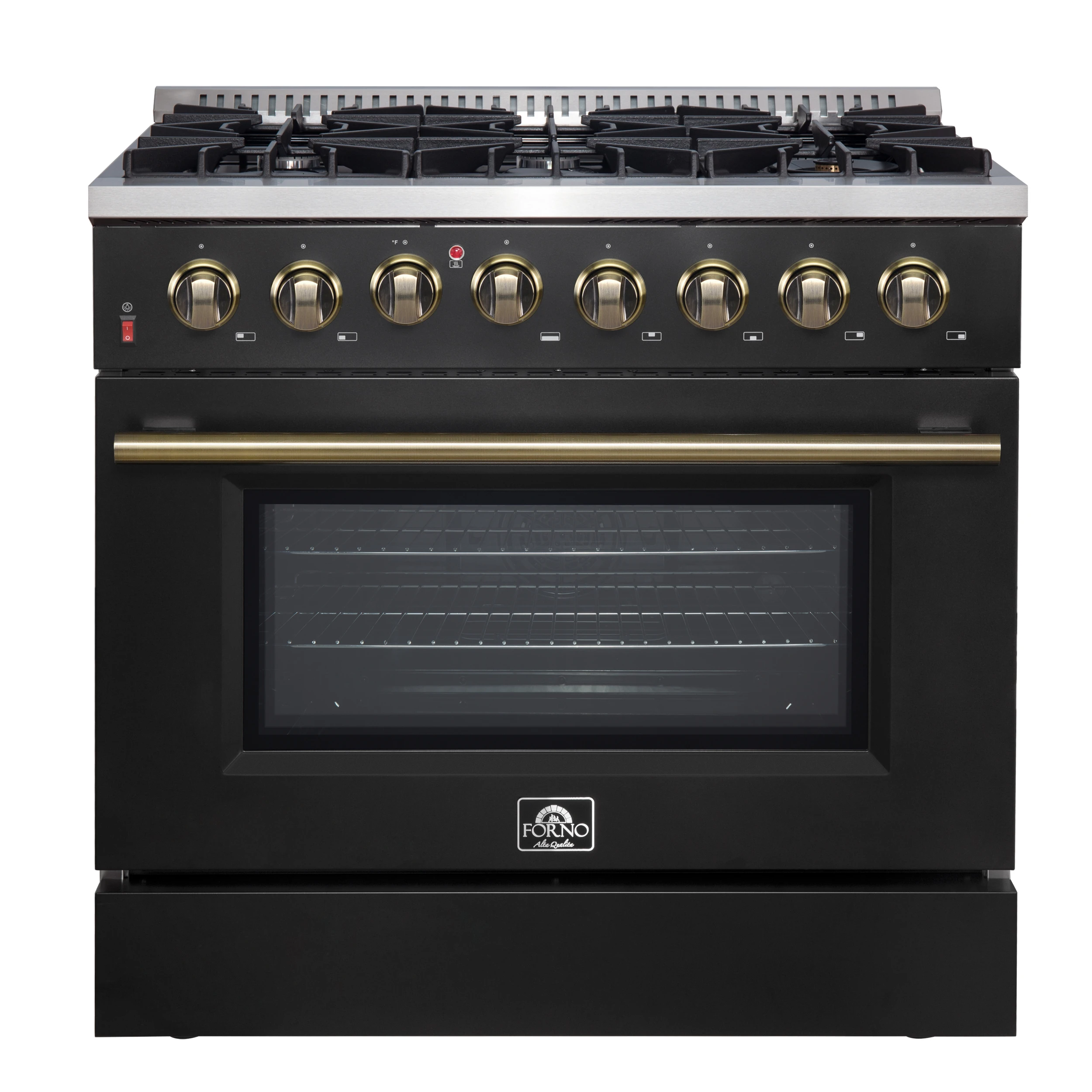 Galiano 36-inch Dual Fuel Range in Black & Antique Brass Design, 6 Sealed Burners 83,000 BTU, 5.36 cu.ft. True Convection Oven FFSGS615636BLK