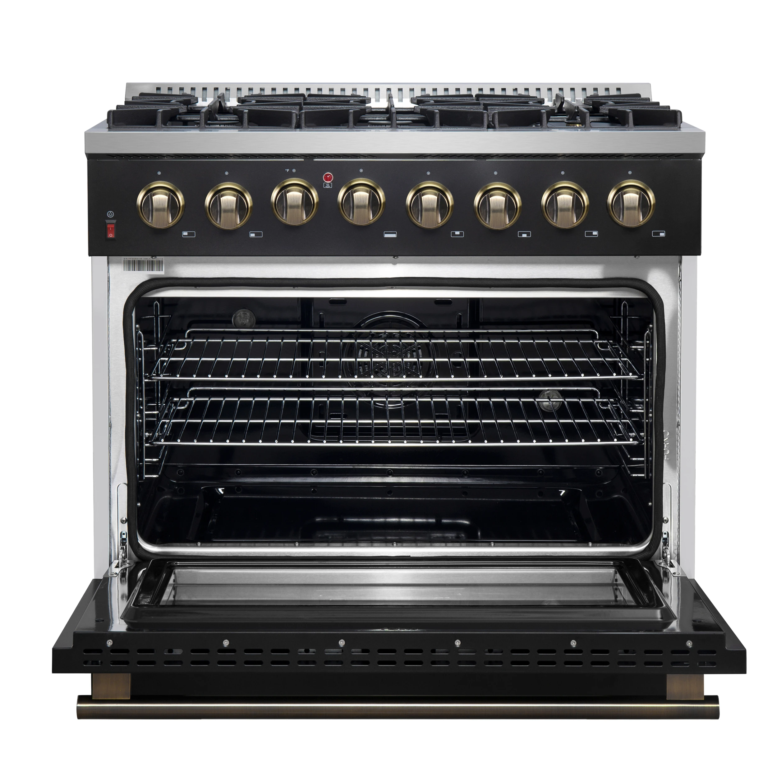 Galiano 36-inch Dual Fuel Range in Black & Antique Brass Design, 6 Sealed Burners 83,000 BTU, 5.36 cu.ft. True Convection Oven FFSGS615636BLK