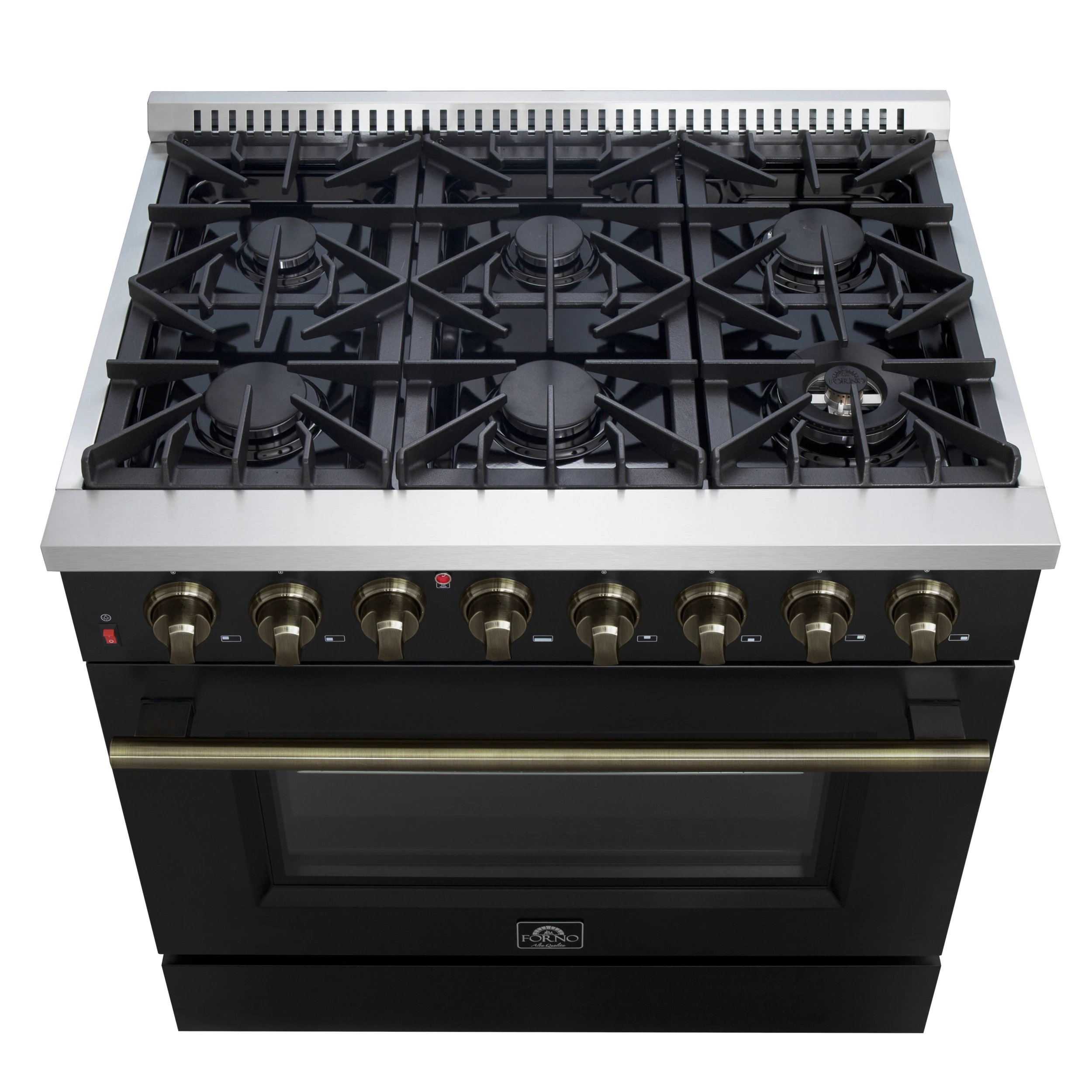 Galiano 36-inch Dual Fuel Range in Black & Antique Brass Design, 6 Sealed Burners 83,000 BTU, 5.36 cu.ft. True Convection Oven FFSGS615636BLK